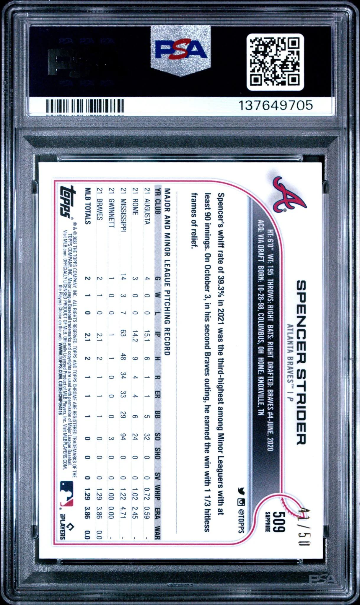 2022 Topps Chrome Sapphire Gold Spencer Strider #509 /50 PSA 10 - Image 2