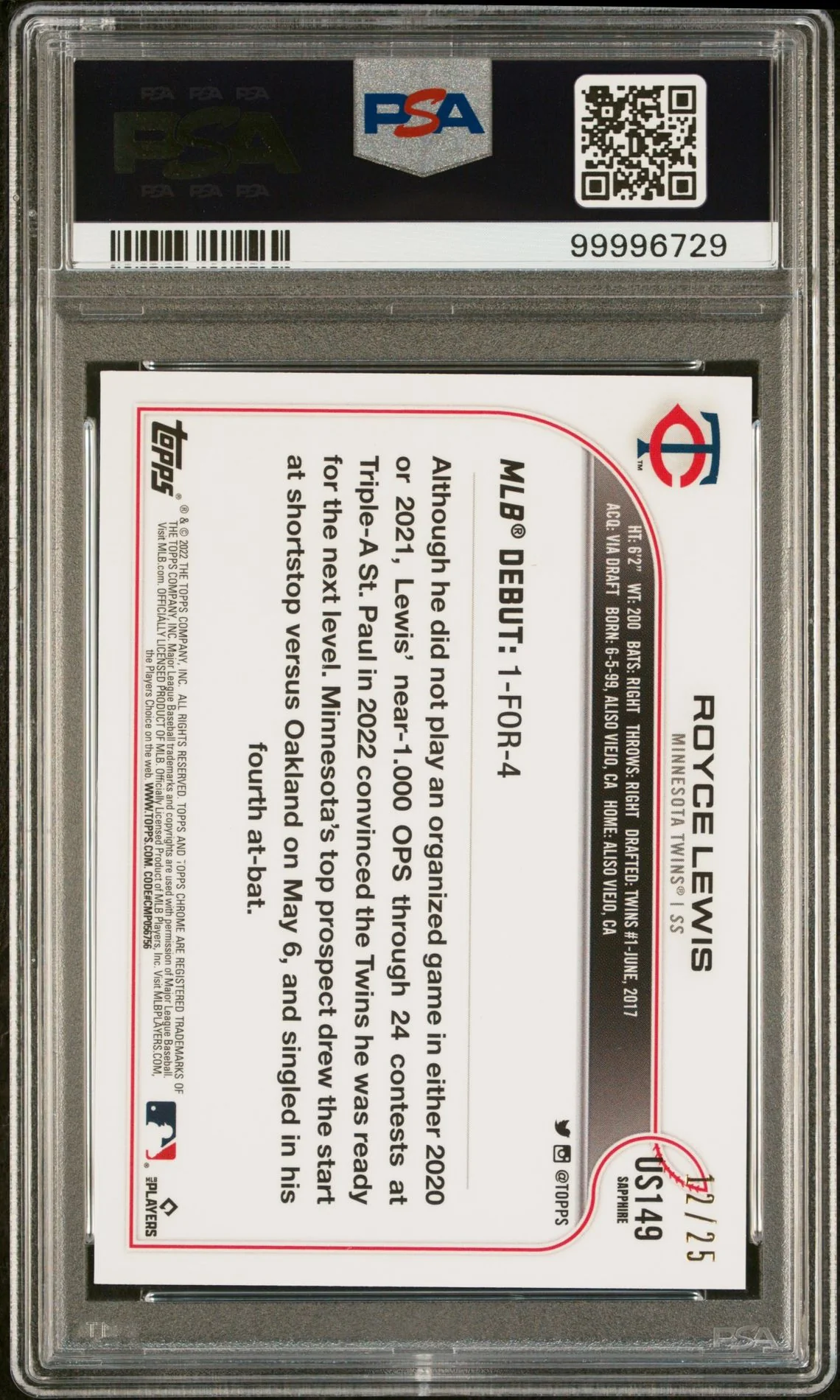 2022 Topps Chrome Update Sapphire Orange Royce Lewis #US149 RC /25 PSA 10 - Image 2