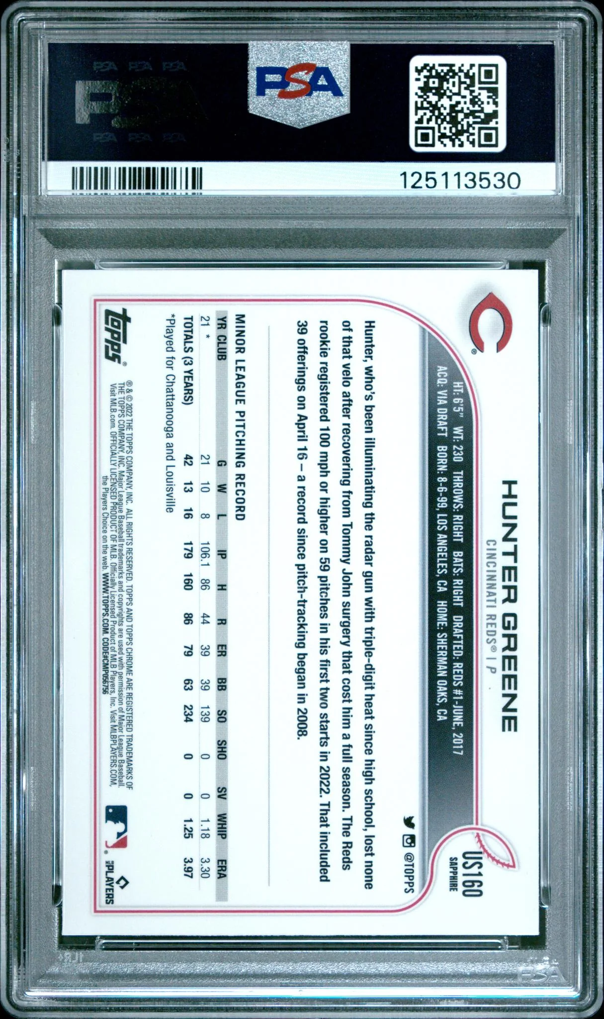 2022 Topps Chrome Update Sapphire Hunter Greene #US160 PSA 10 - Image 2