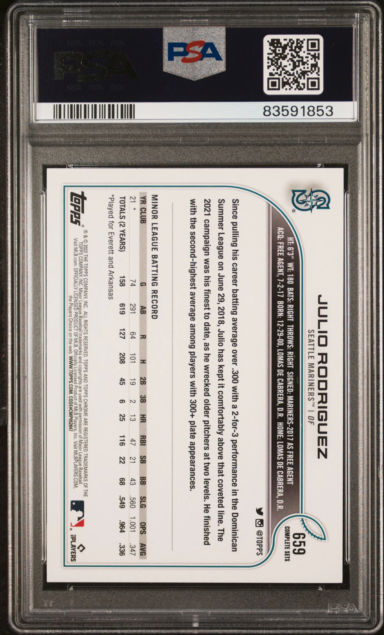 2022 Topps Complete Set Variation Julio Rodriguez #659 PSA 10 - Image 2