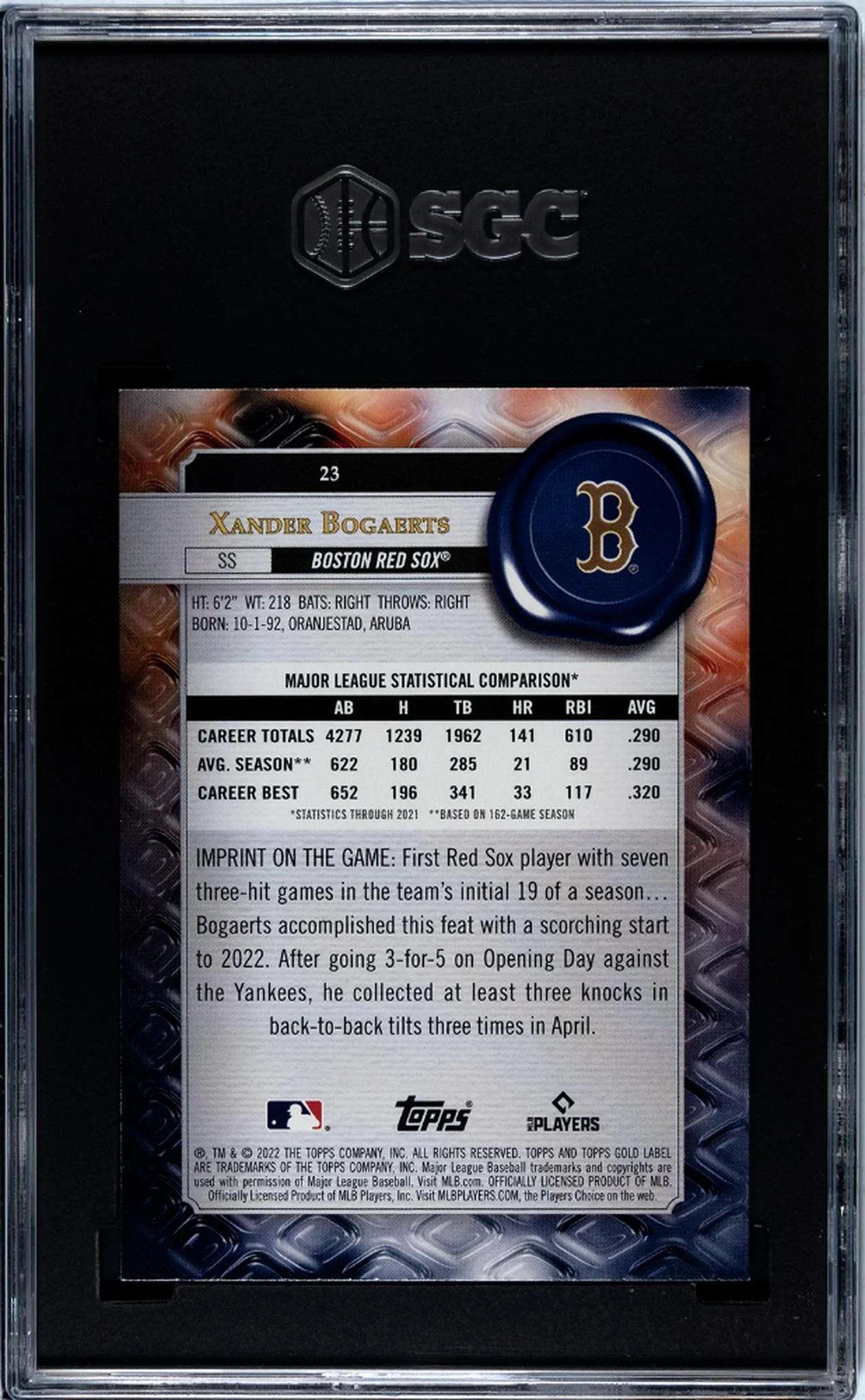 2022 Topps Gold Label #23 Xander Bogaerts SGC 9.5 - Image 2