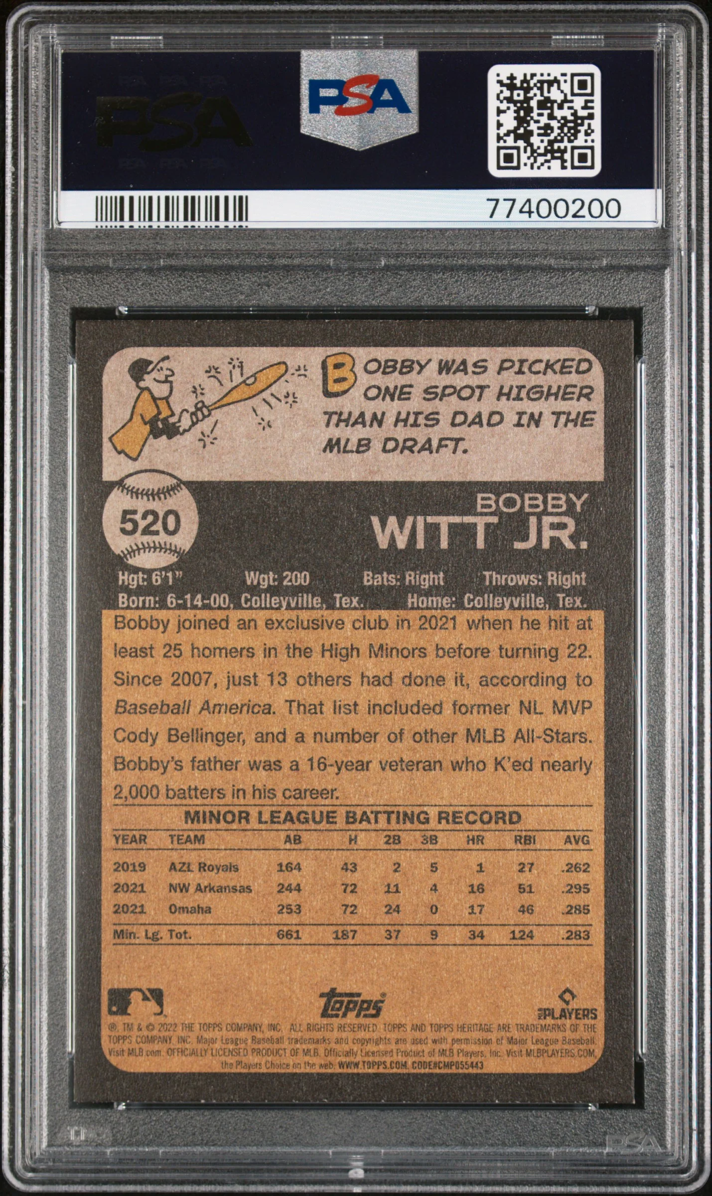 2022 Topps Heritage Bobby Witt Jr. #520 PSA 10 - Image 2