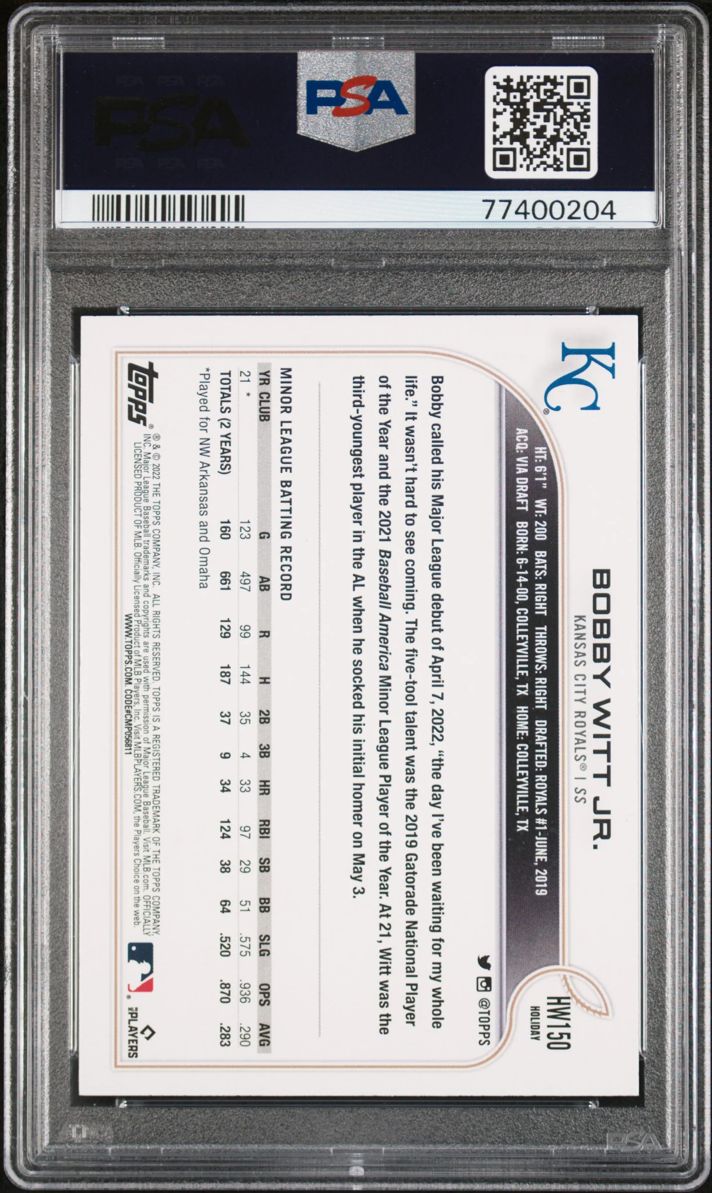 2022 Topps Holiday Metallic Bobby Witt Jr. #HW150 PSA 10 - Image 2