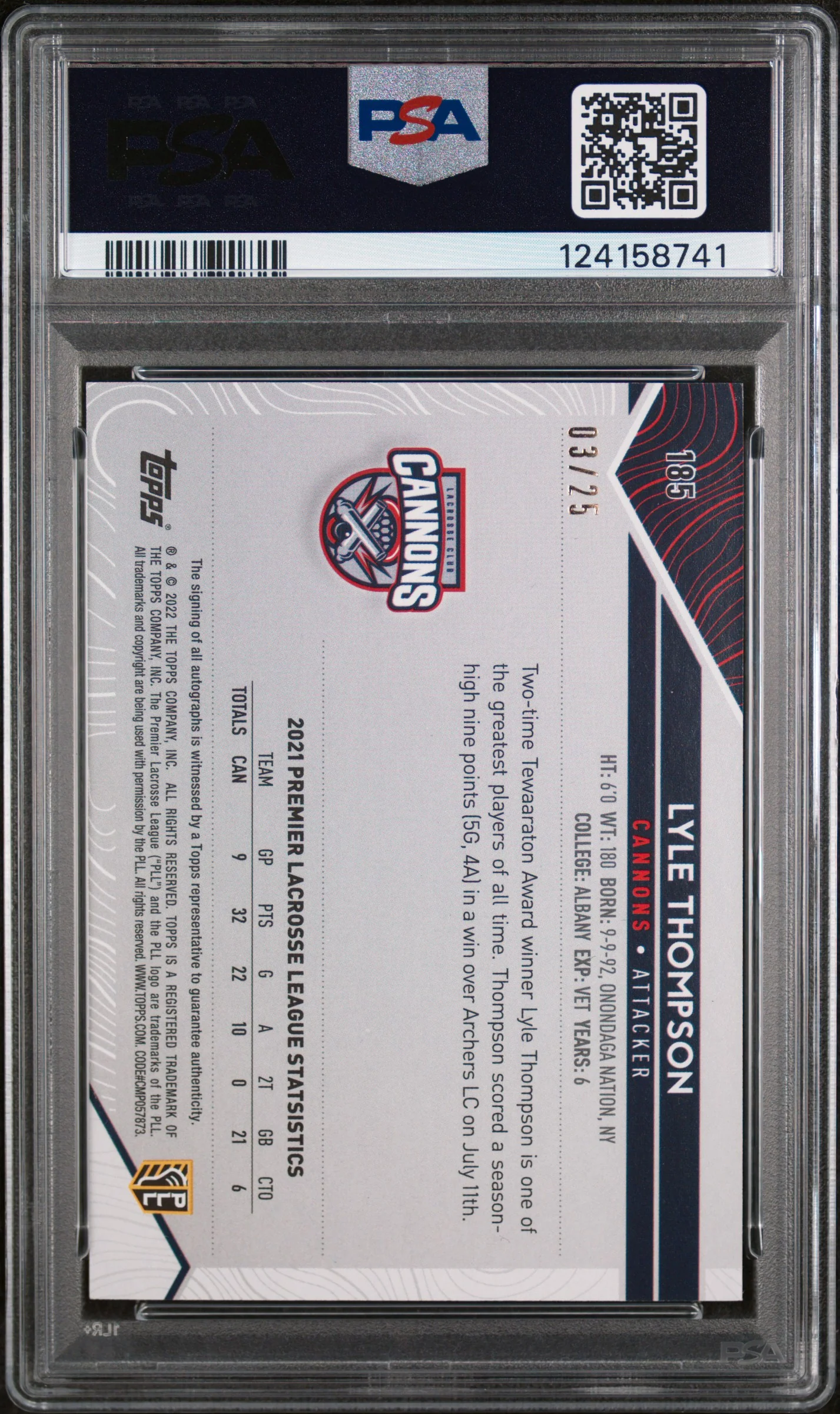 2022 Topps Premier Lacrosse League Autograph Icy Orange Lyle Thompson #185 /25 PSA 10 - Image 2