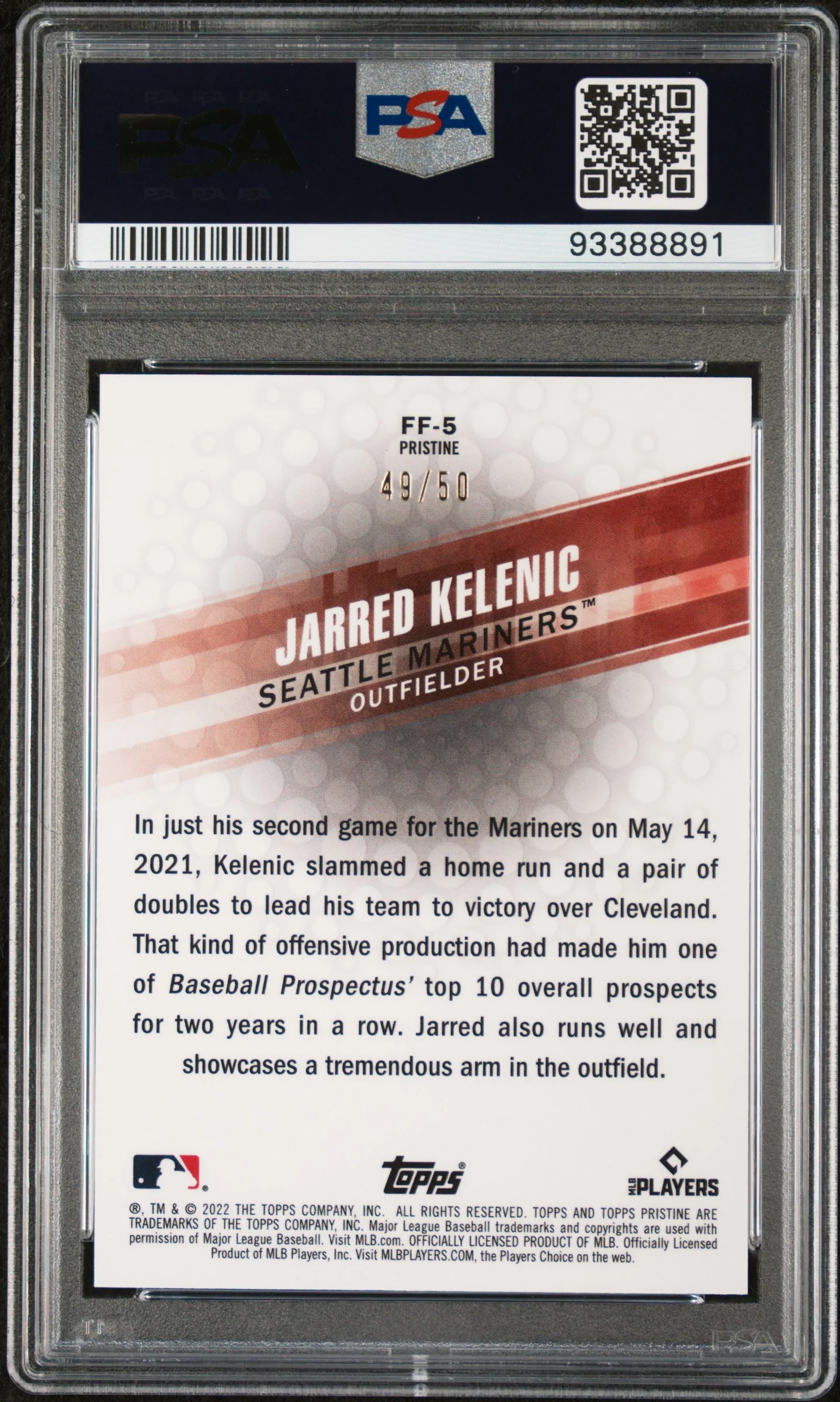 2022 Topps Pristine Fresh Faces Gold Refractor Jarred Kelenic #FF-5 /50 PSA 10 - Image 2