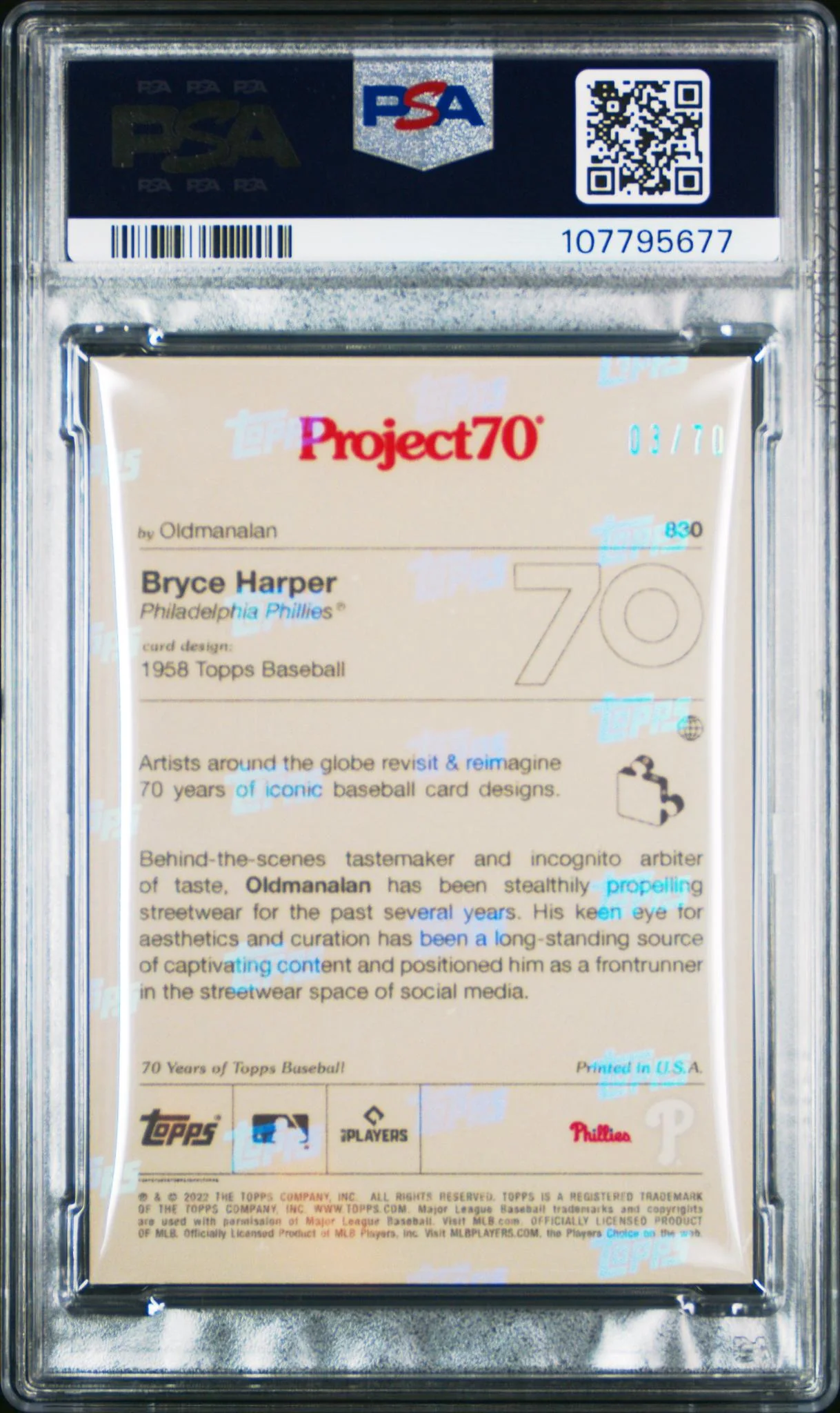 2022 Topps Project70 Rainbow Foil Bryce Harper #830 /70 PSA 8 - Image 2