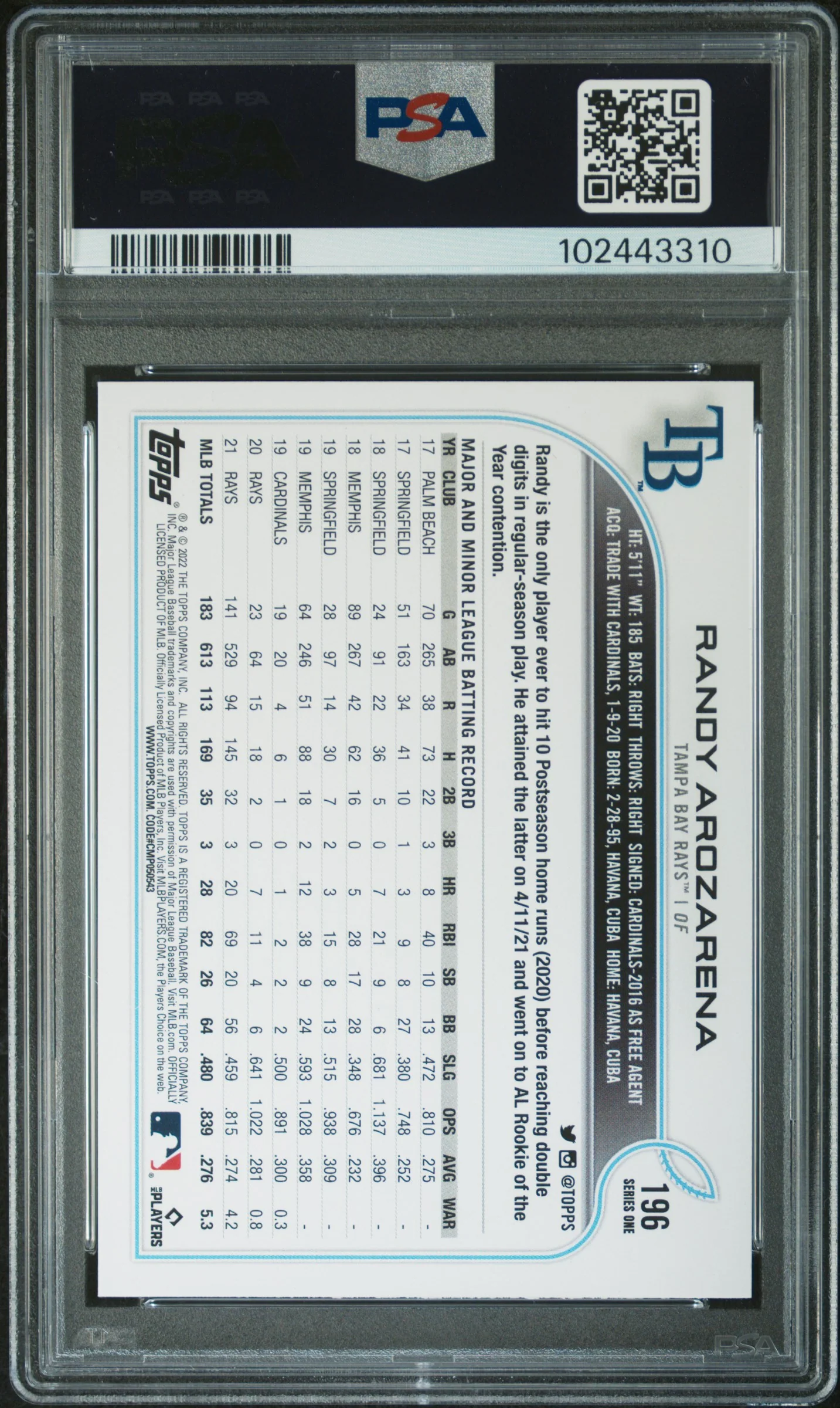 2022 Topps Randy Arozarena #196 PSA 10 - Image 2