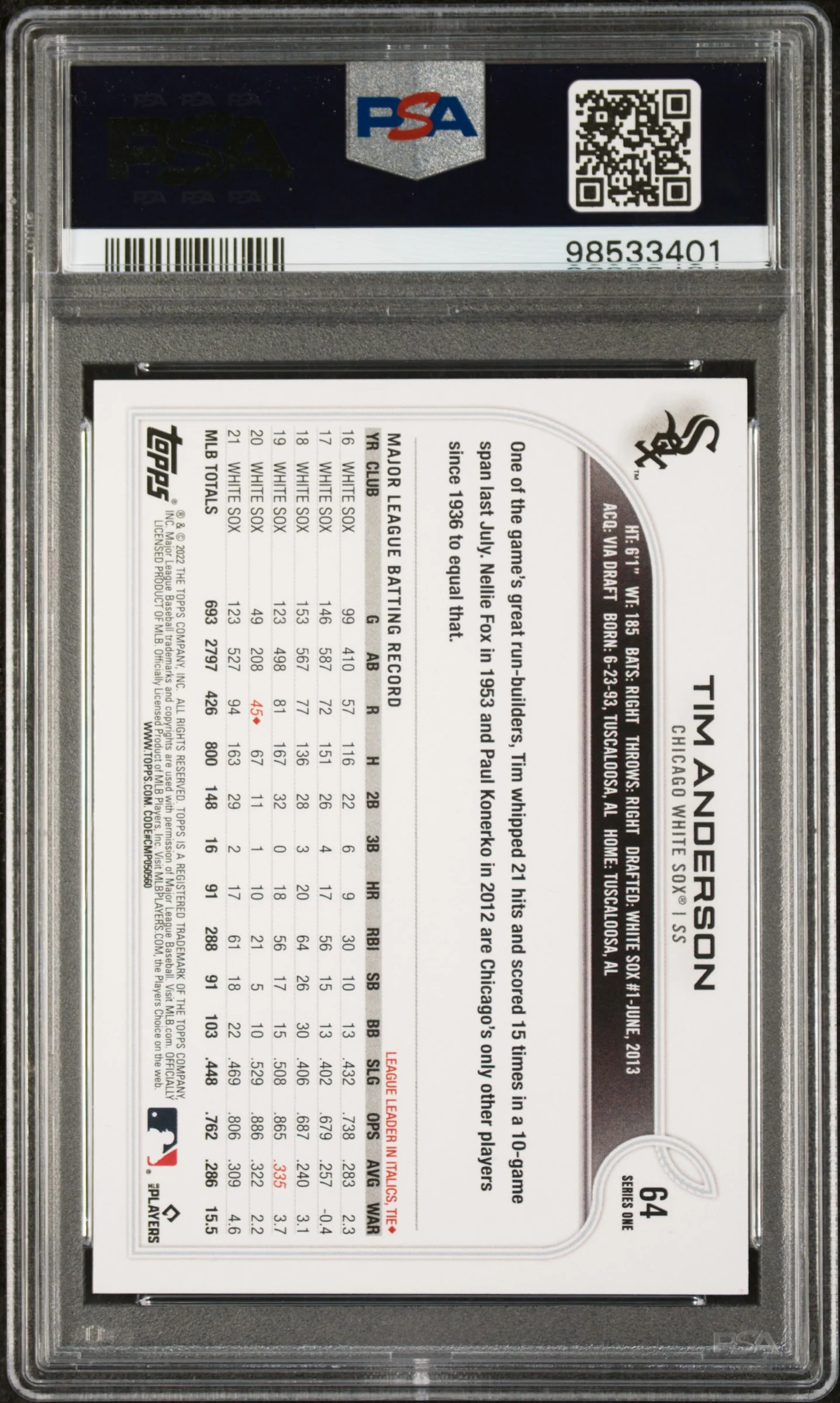 2022 Topps Series 1 Tim Anderson #64 SP PSA 10 - Image 2