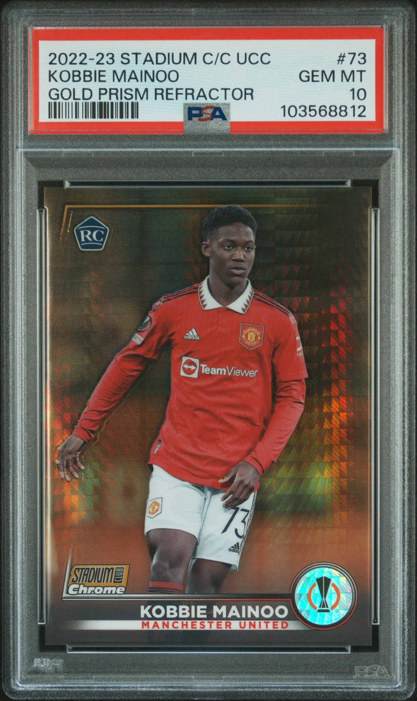 2022 Topps Stadium Club Chrome UEFA Club Competitions Gold Prism Kobbie Mainoo #73 /50 PSA 10
