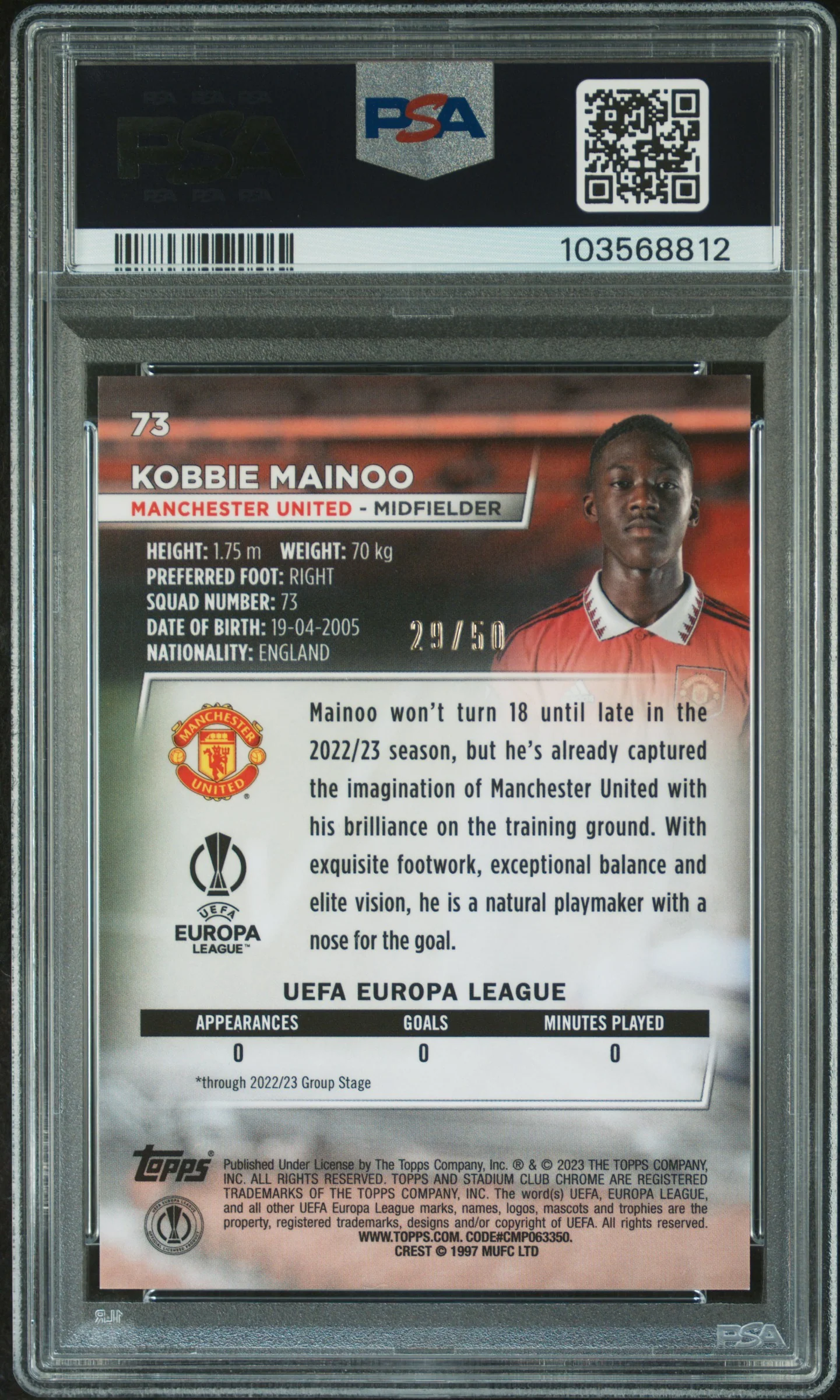 2022 Topps Stadium Club Chrome UEFA Club Competitions Gold Prism Kobbie Mainoo #73 /50 PSA 10 - Image 2