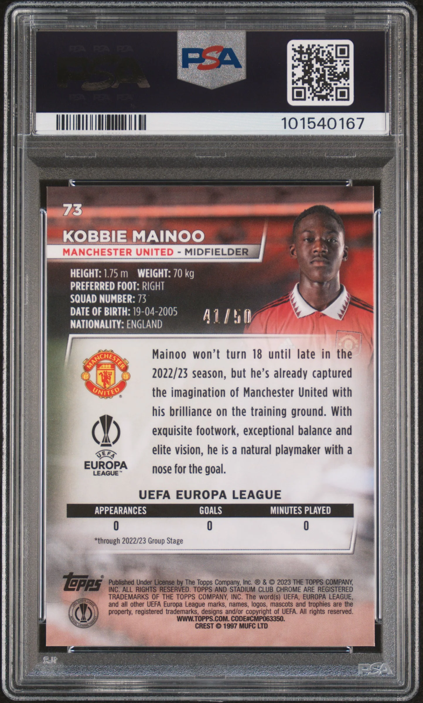 2022 Topps Stadium Club Chrome UEFA Club Competitions Gold Prism Kobbie Mainoo #73 /50 PSA 10 - Image 2