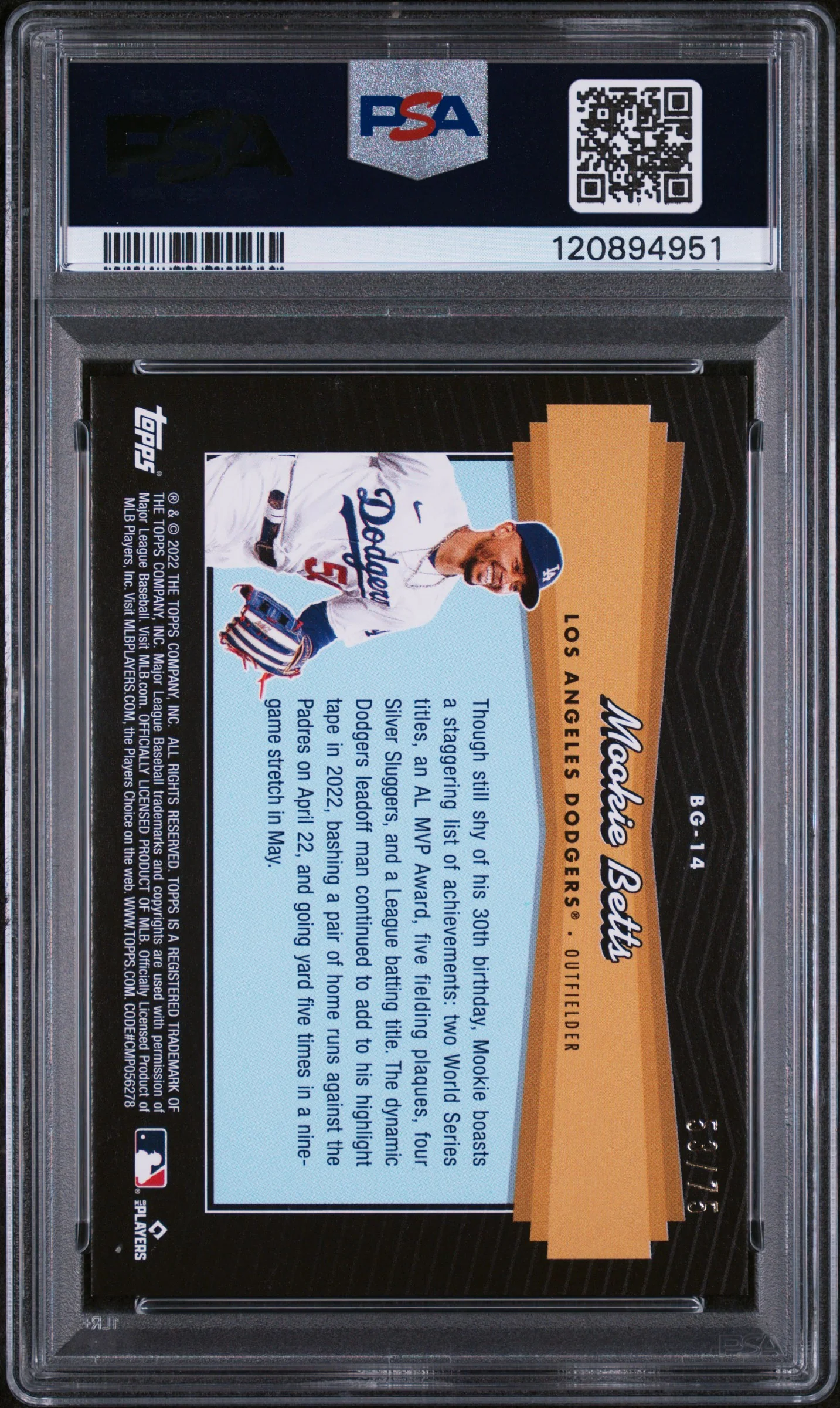 2022 Topps Update Black Gold Gold Mookie Betts #BG14 /75 PSA 9 - Image 2