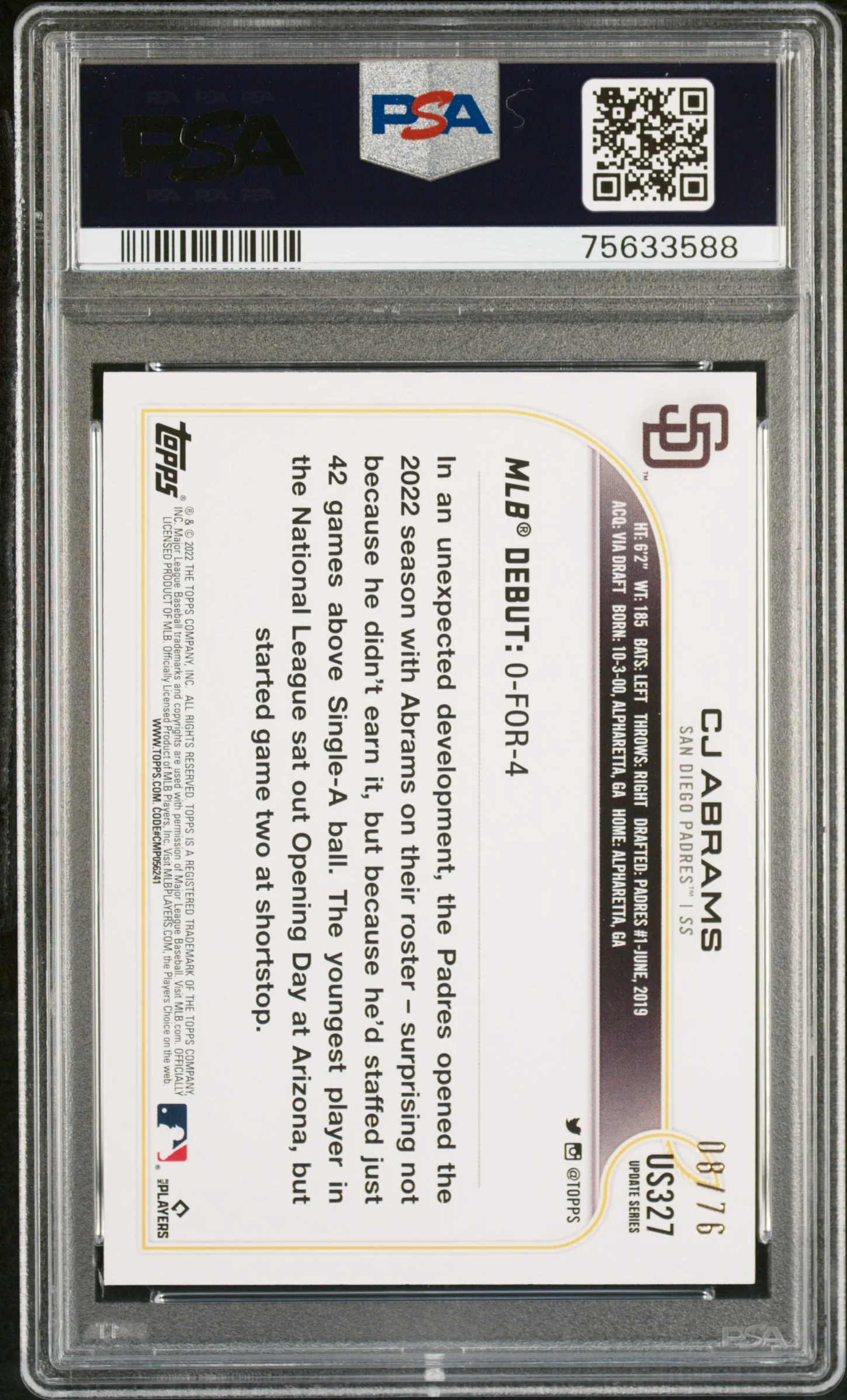 2022 Topps Update Independence Day CJ Abrams #US327 RC Rookie Debut /76 PSA 9 - Image 2
