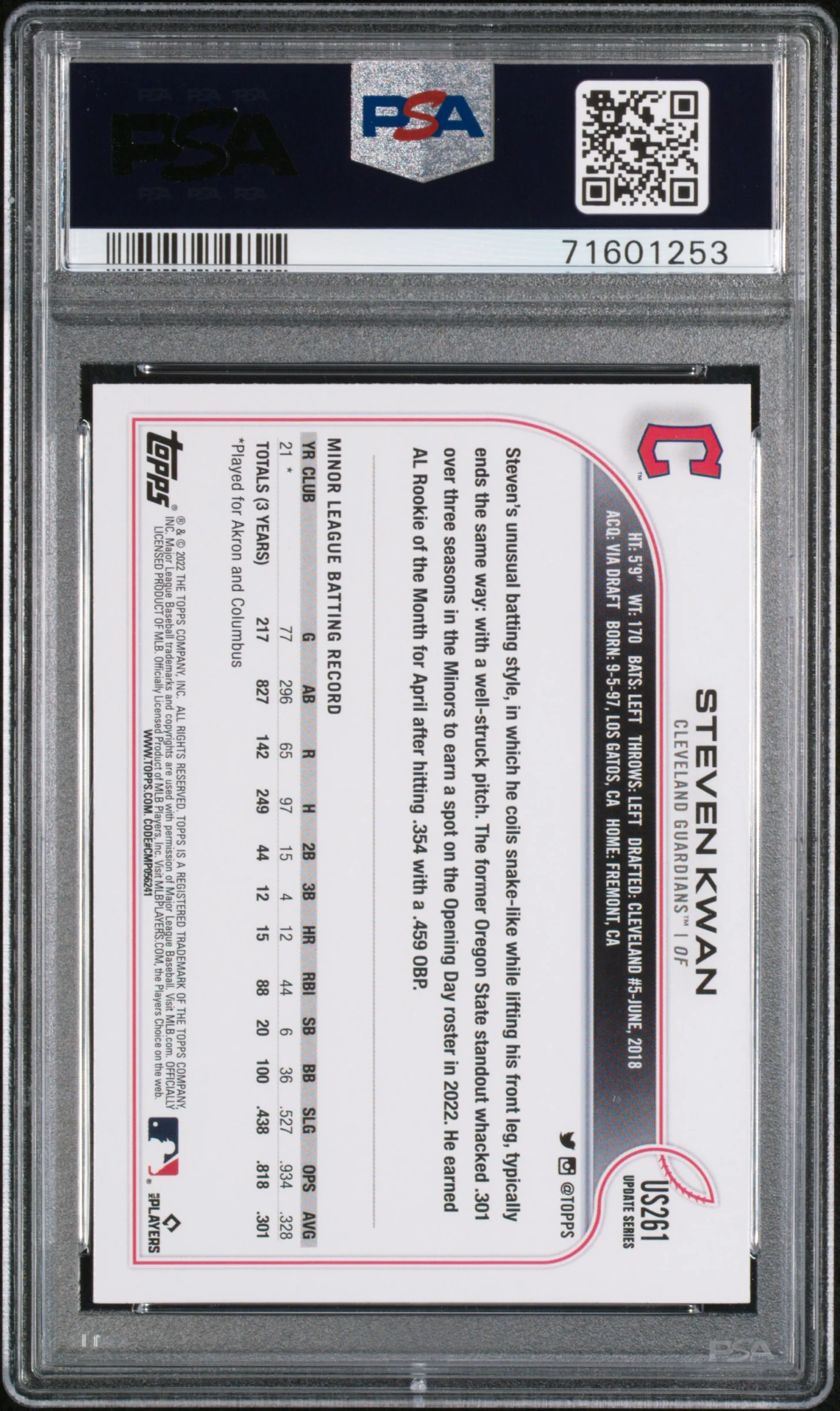 2022 Topps Update Rainbow Foil Steven Kwan #US261 PSA 10 - Image 2