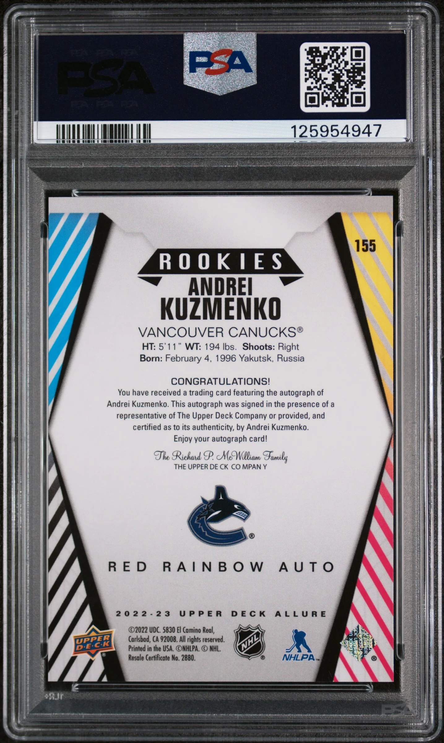 2022 Upper Deck Allure Autograph-Red Rainbow Andrei Kuzmenko #155 PSA 9 - Image 2