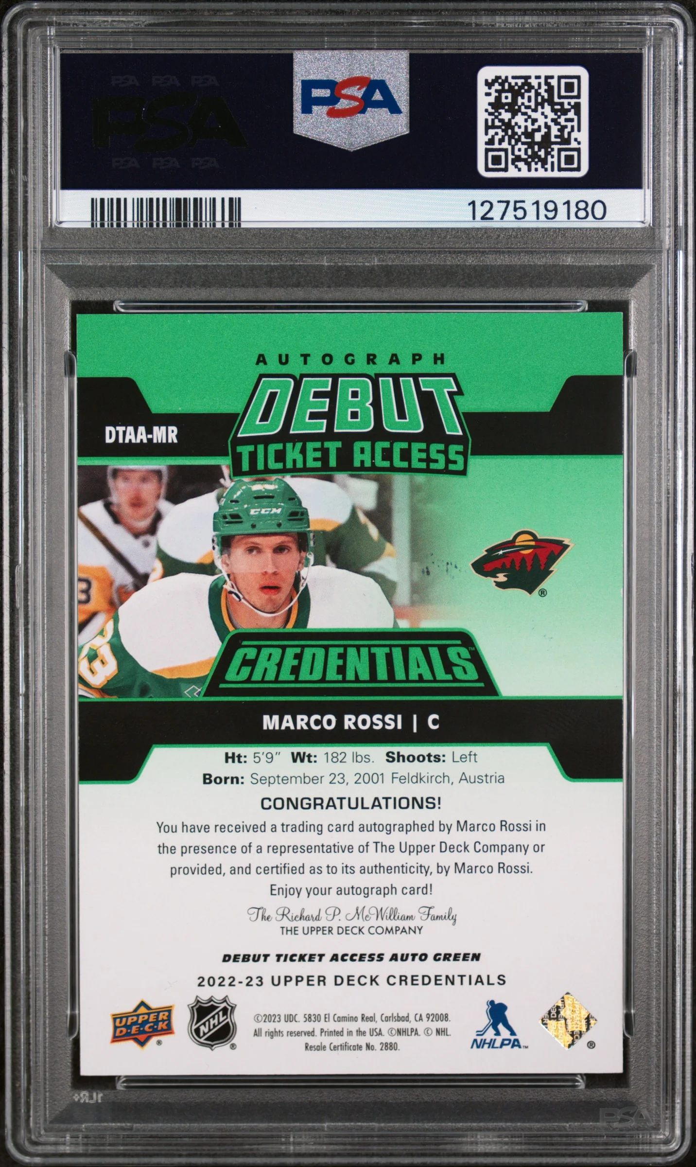 2022 Upper Deck Credentials Debut Ticket Access Autographs Green Marco Rossi #DTAAMR PSA 9 - Image 2
