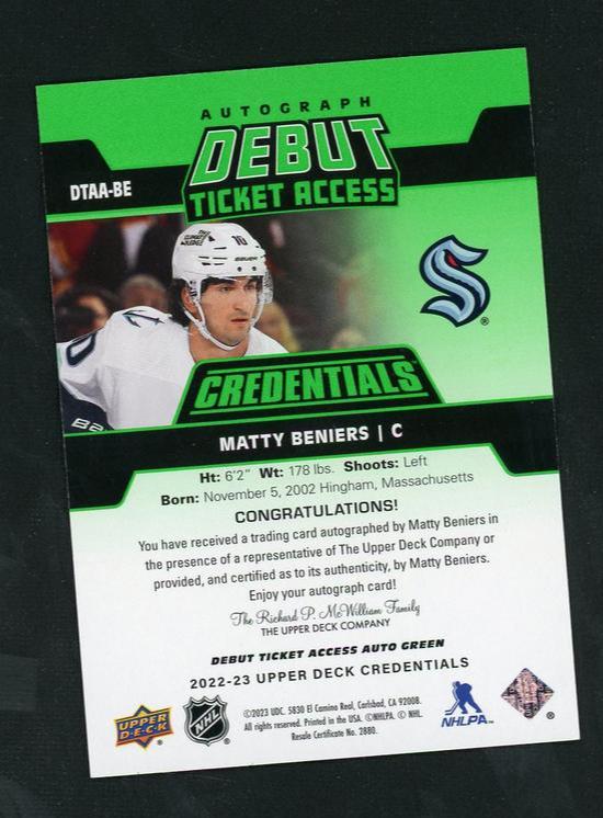 2022 Upper Deck Credentials DTAR-BE Matty Beniers Debut Ticket Access Rookie /25 VG Auto - Image 2
