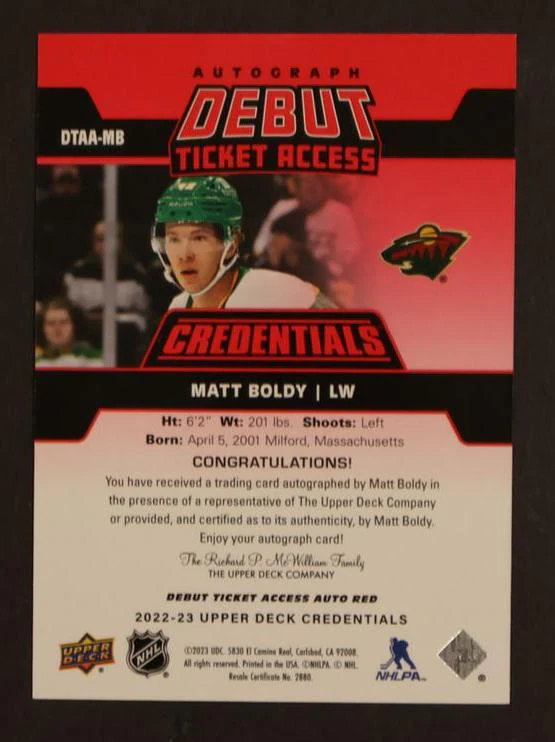2023 Upper Deck Credentials Matt Boldy Debut Ticket Access Red Auto /49 - Image 2