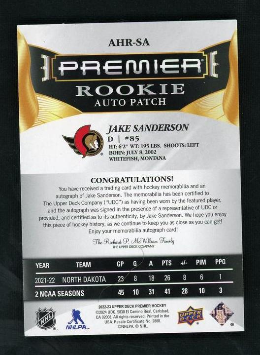 2022 Upper Deck Premier AHR-SA Jake Sanderson Rookie Auto Patch Rookie /99 VG Ottawa Senators - Image 2