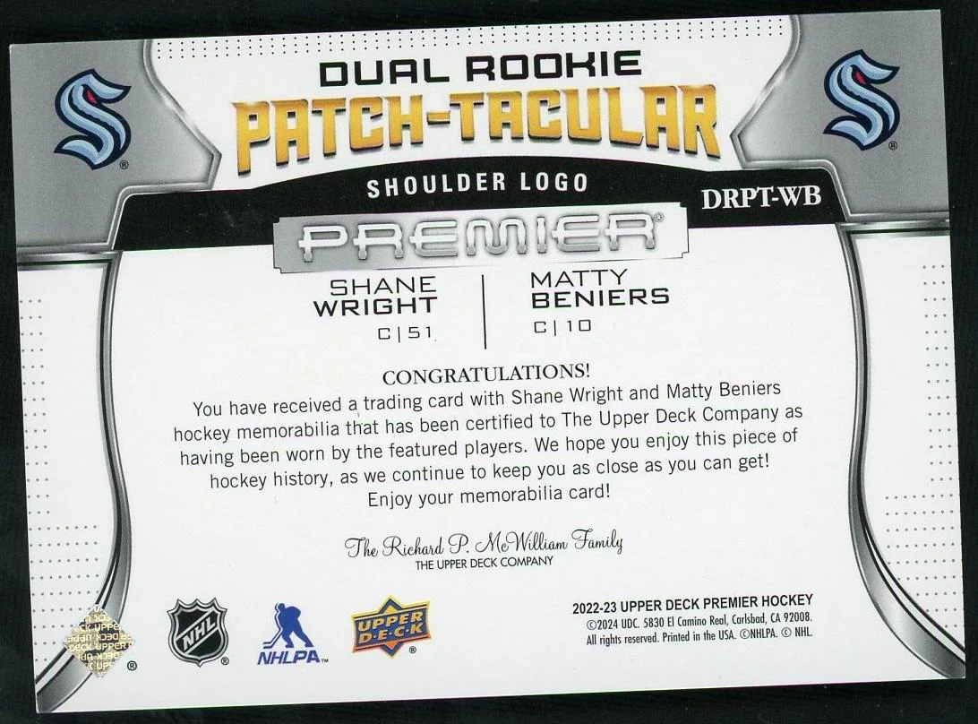 2022 Upper Deck Premier DRPT-WB Shane Wright Matty Beniers Dual Rookie Patch-Tacular Rookie /5 VG - Image 2
