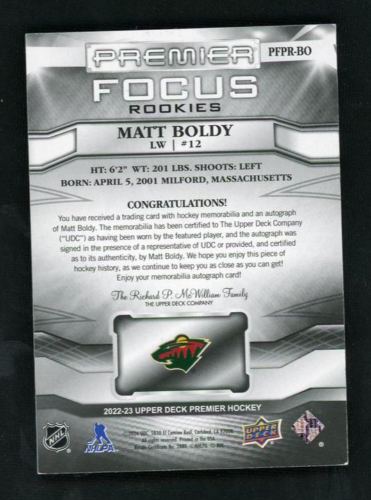 2022 Upper Deck Premier PFPF-BO Matt Boldy Premiere Focus Rookies Rookie /299 VG Minnesota Wild Auto - Image 2