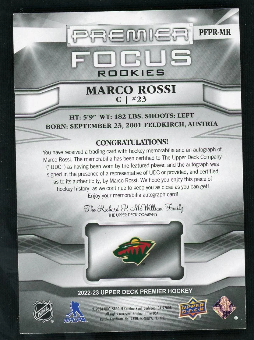 2022 Upper Deck Premier PFPR-MR Marco Rossi Focus Rookies Rookie /75 VG Minnesota Wild Auto - Image 2