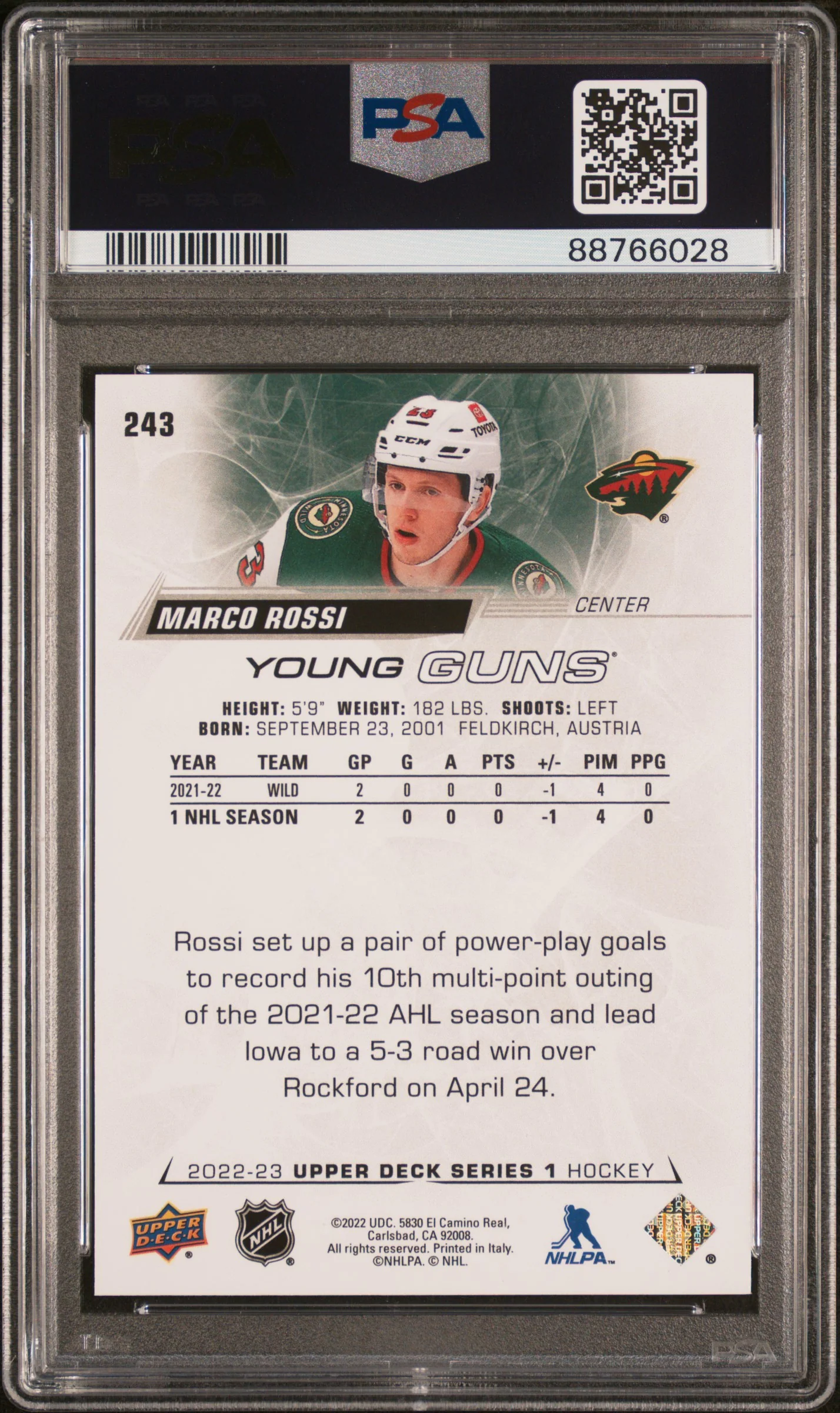 2022 Upper Deck Series 1 Young Guns Marco Rossi #243 RC PSA 10 - Image 2