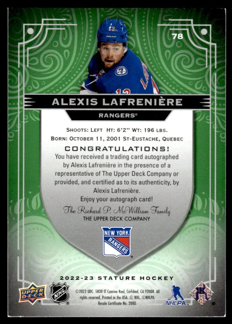 2022 Upper Deck Stature 78 Alexis Lafrenière /50 VG Rangers Auto - Image 2