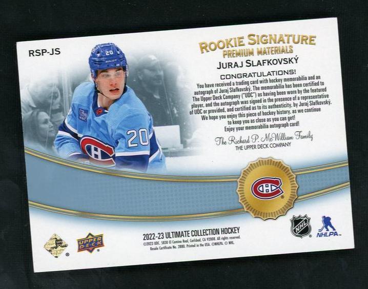 2022 Upper Deck Ultimate Collection RSP-JS Juraj Slafkovsky Rookie Signature Premium Materials Rookie VG Canadiens Auto - Image 2