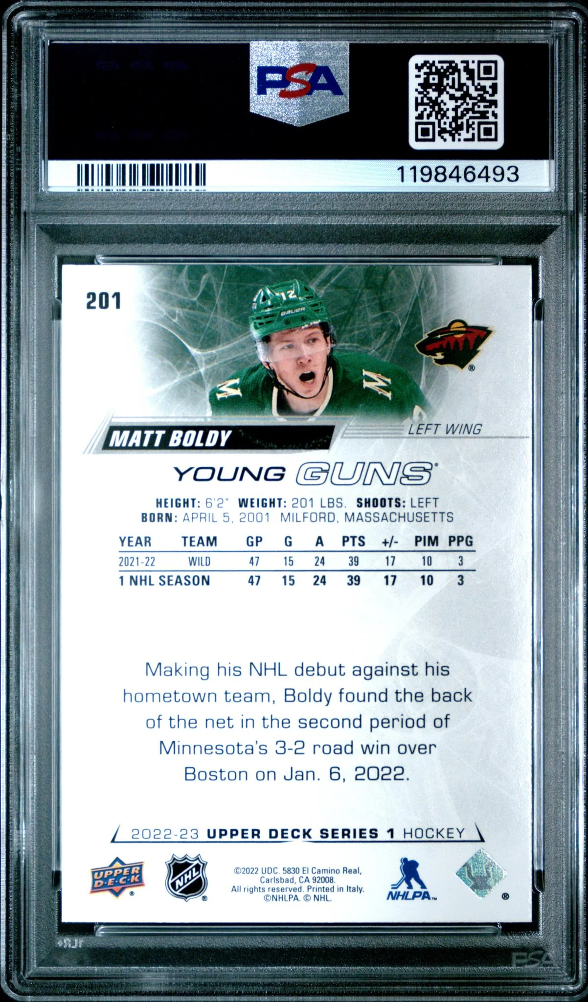 2022 Upper Deck Young Guns Matt Boldy #201 PSA 8.5 - Image 2