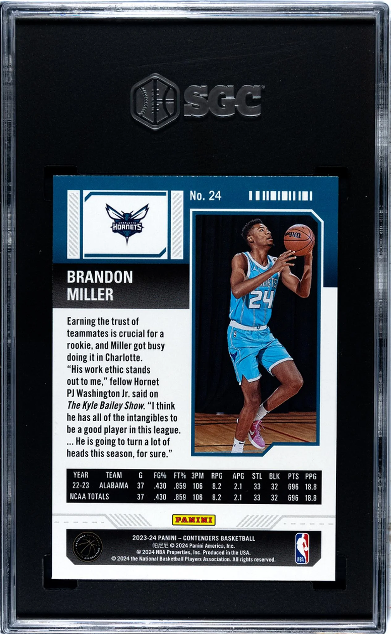 2023 Panini Contenders Brandon Miller #24 RC SGC 10 - Image 2