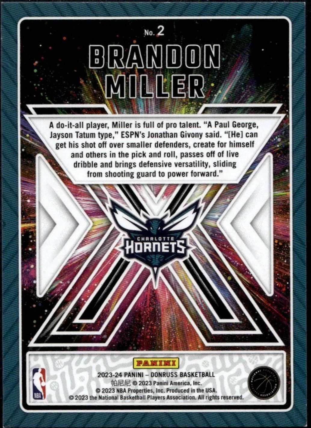 2023-24 Panini Donruss Great X-Pectations Brandon Miller #2 RC - Image 2