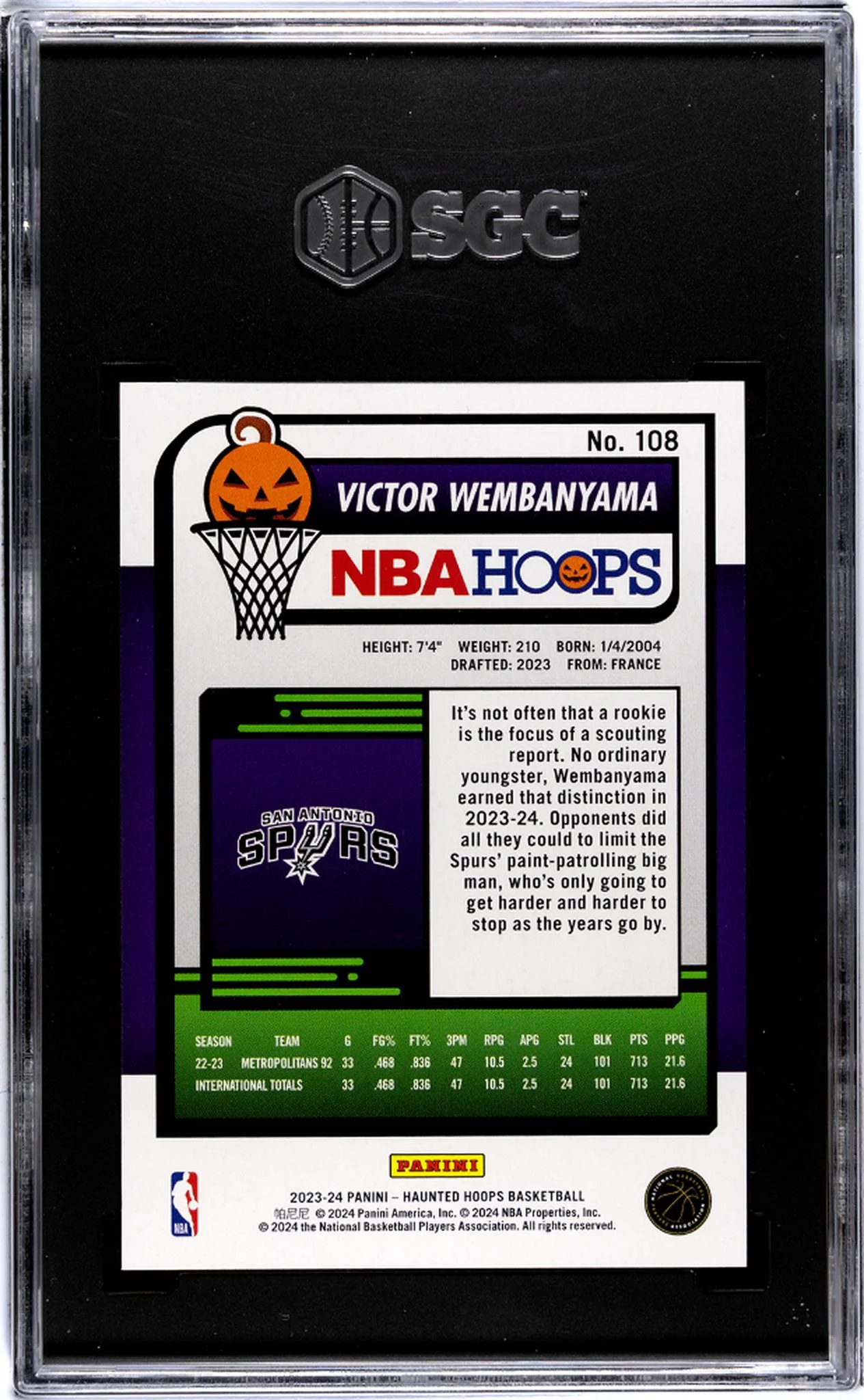 2023-24 Panini Haunted Hoops #108 Victor Wembanyama Orange SGC 9.5 - Image 2