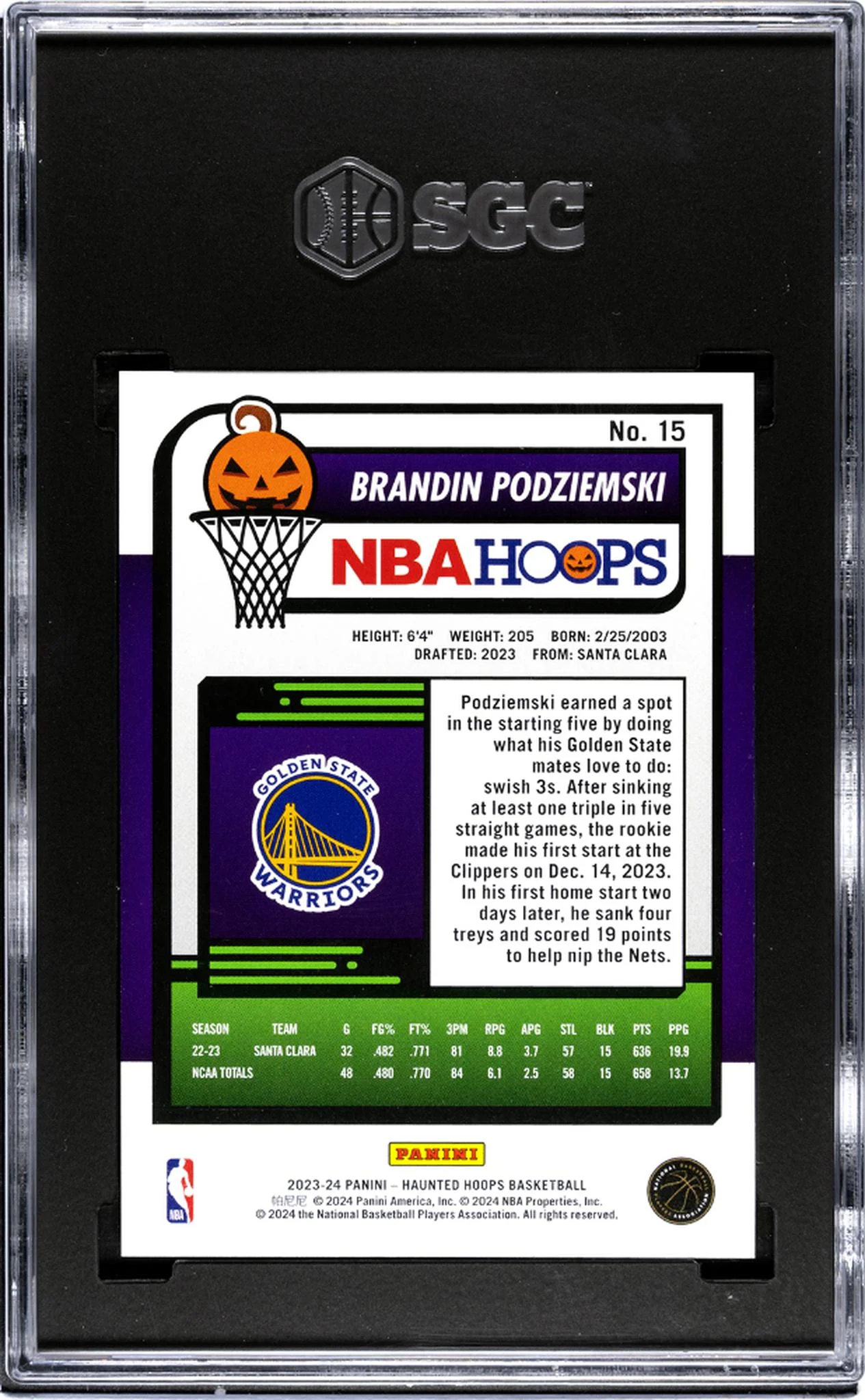 2023-24 Panini Haunted Hoops #15 Brandin Podziemski Orange SGC 10 - Image 2