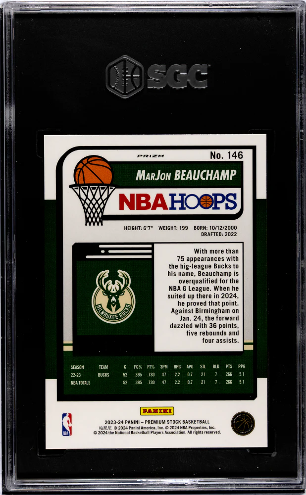 2023-24 Panini Hoops Premium Stock #146 Marjon Beauchamp Red Seismic Prizm 181/199 SGC 10 - Image 2