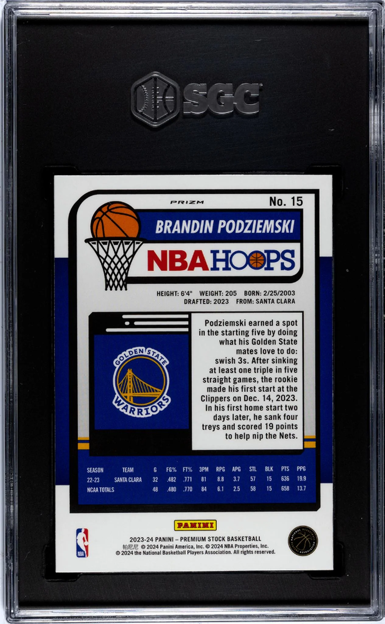 2023 Panini Hoops Pr. Stock Silver Prizm Brandin Podziemski #15 RC SGC 9.5 - Image 2