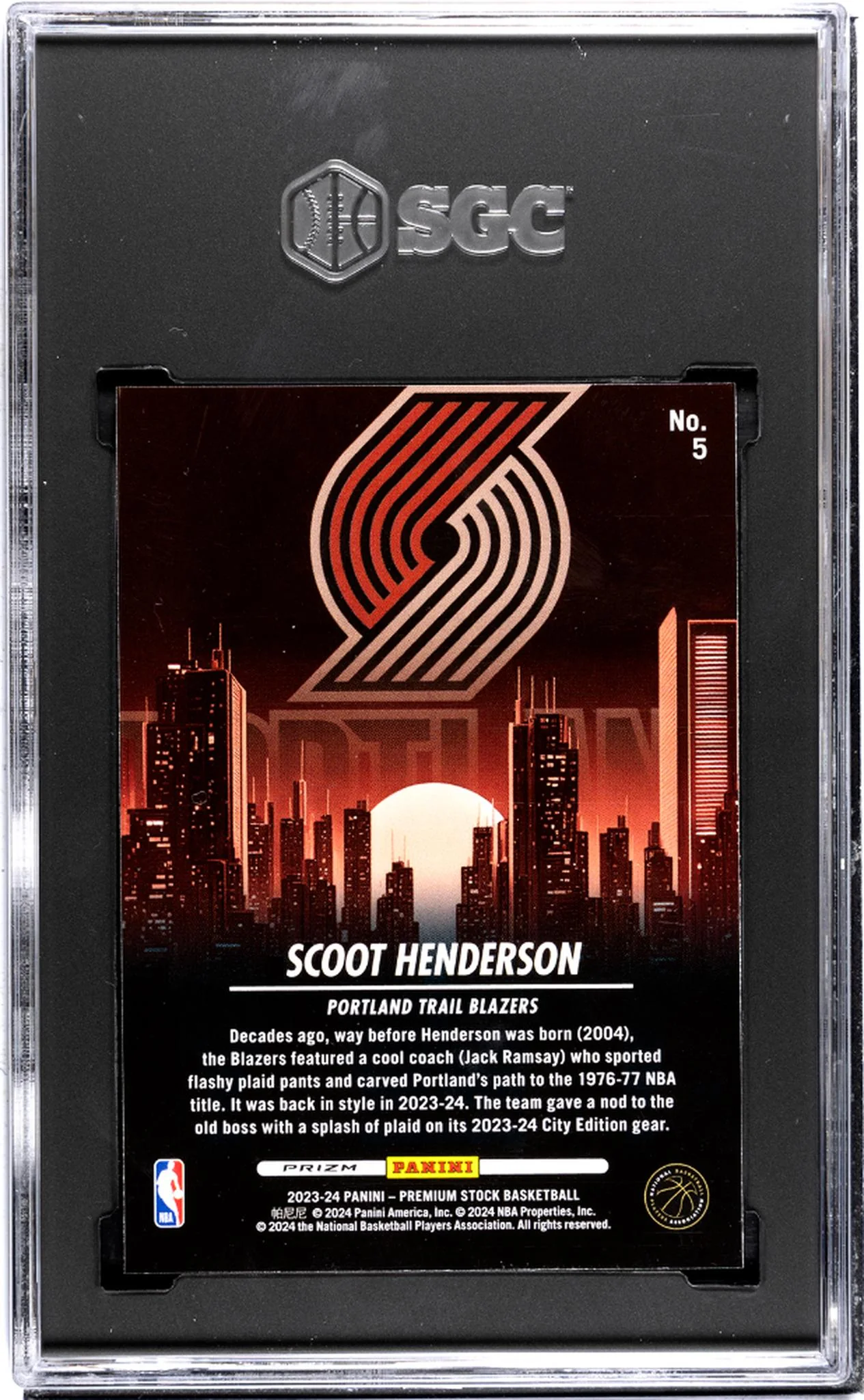 2023-24 Panini Hoops Premium Stock #5 Scoot Henderson City Ed. Silver Prizm SGC 9.5 - Image 2