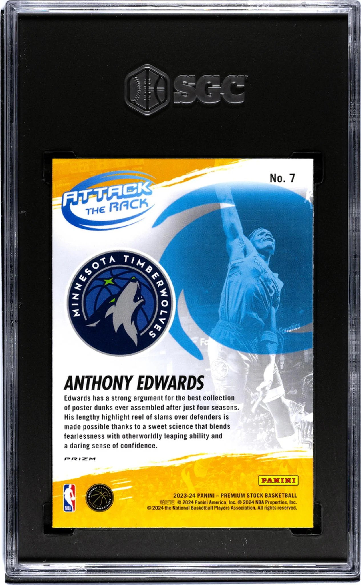 2023-24 Panini Hoops Premium Stock #7 Anthony Edwards Attack The Rack Silver Prizm SGC 10 - Image 2