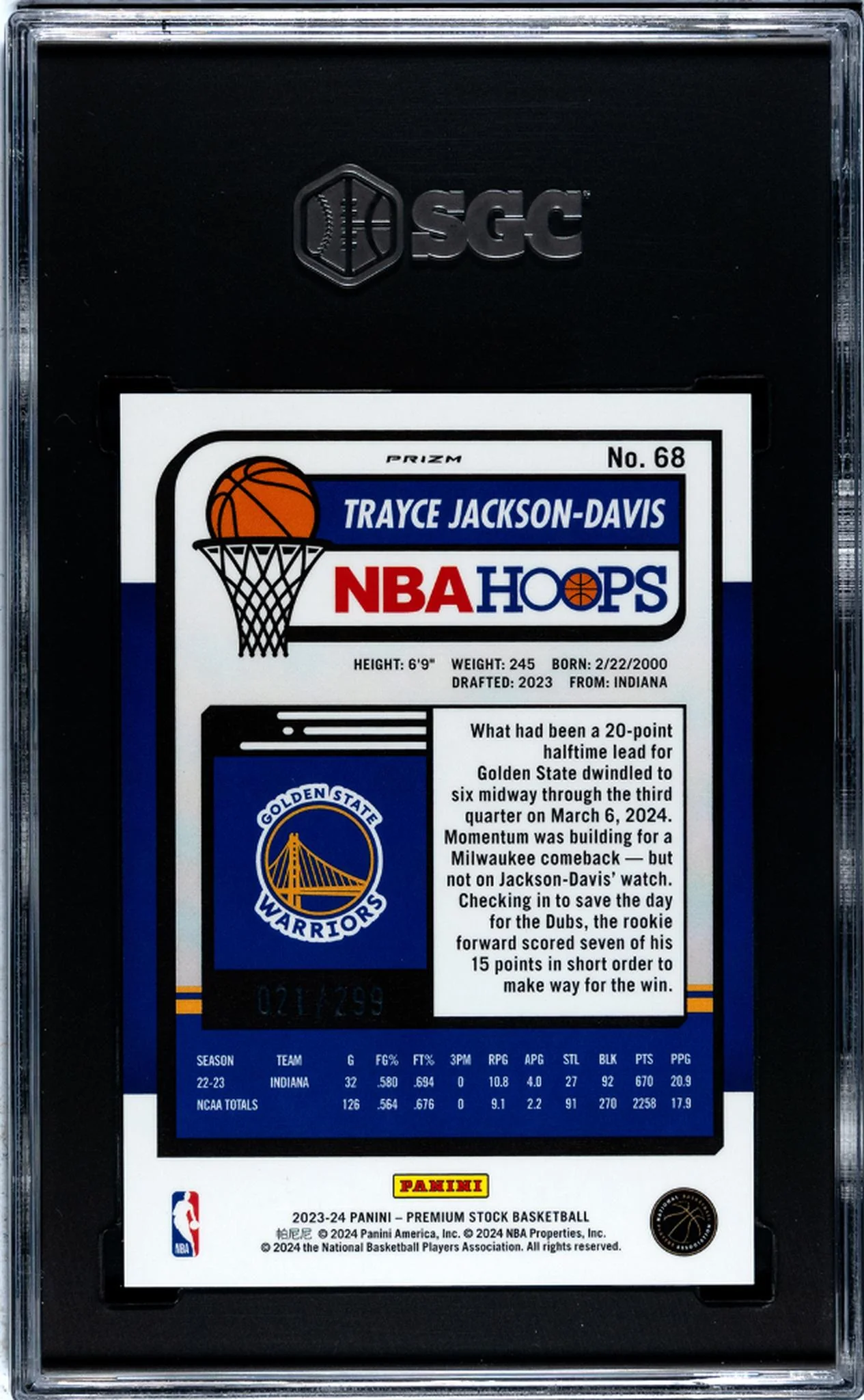 2023-24 Panini Hoops Prizm Orange Trayce Jackson-Davis #68 RC /299 SGC 10 - Image 2