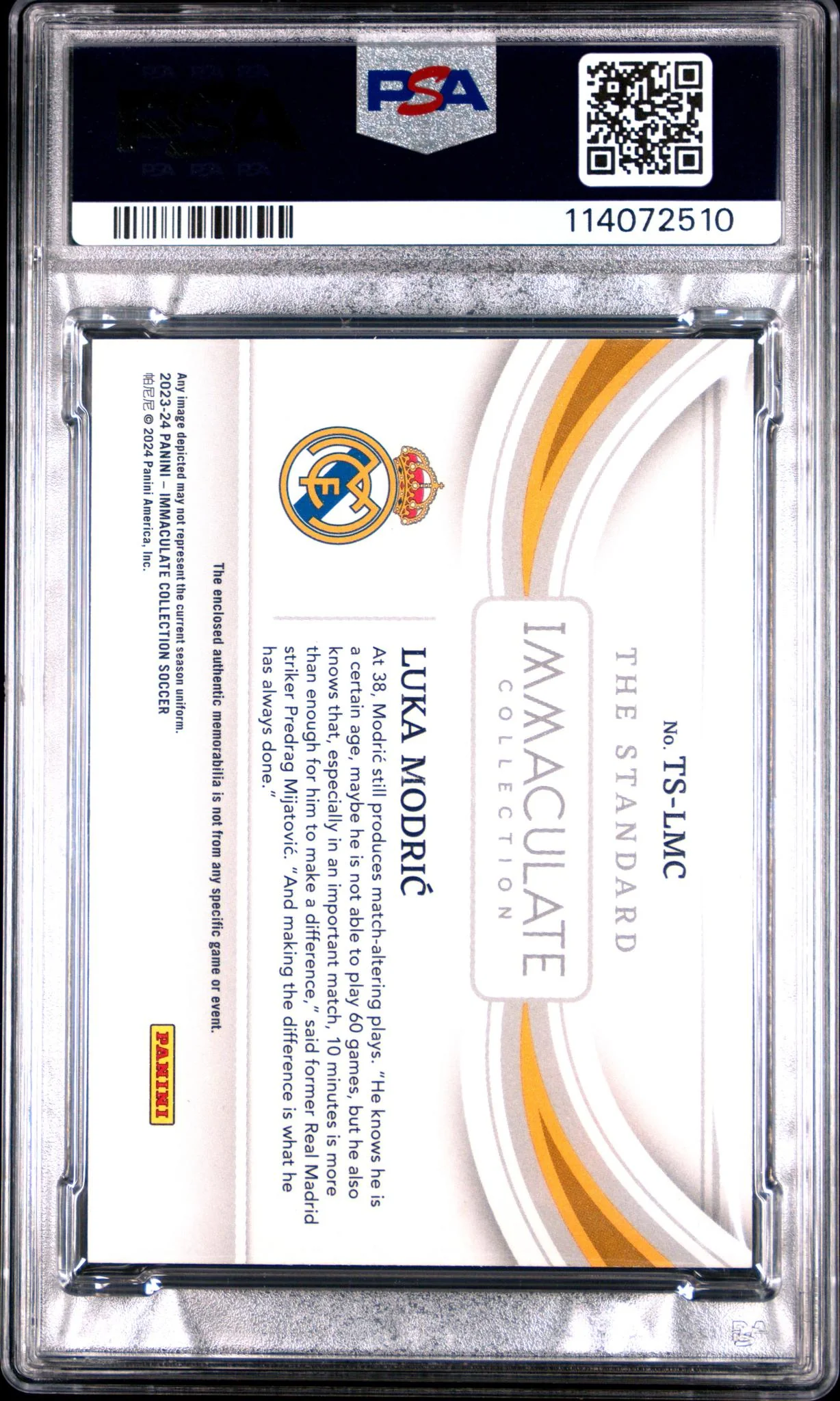 2023-24 Panini Immaculate Standard Sapphire Luka Modric #TS-LMC Patch /25 PSA 10 - Image 2