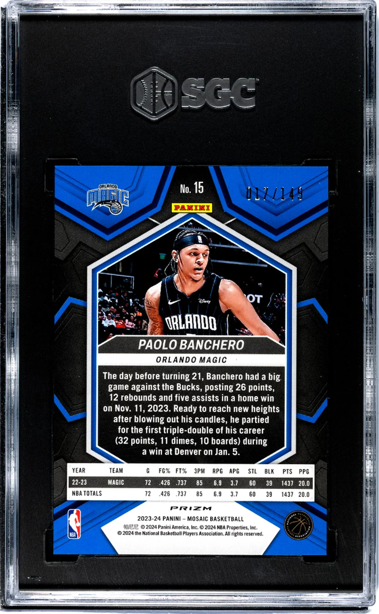 2023-24 Panini Mosaic Pink Prizm Paolo Banchero #15 /149 SGC 10 - Image 2