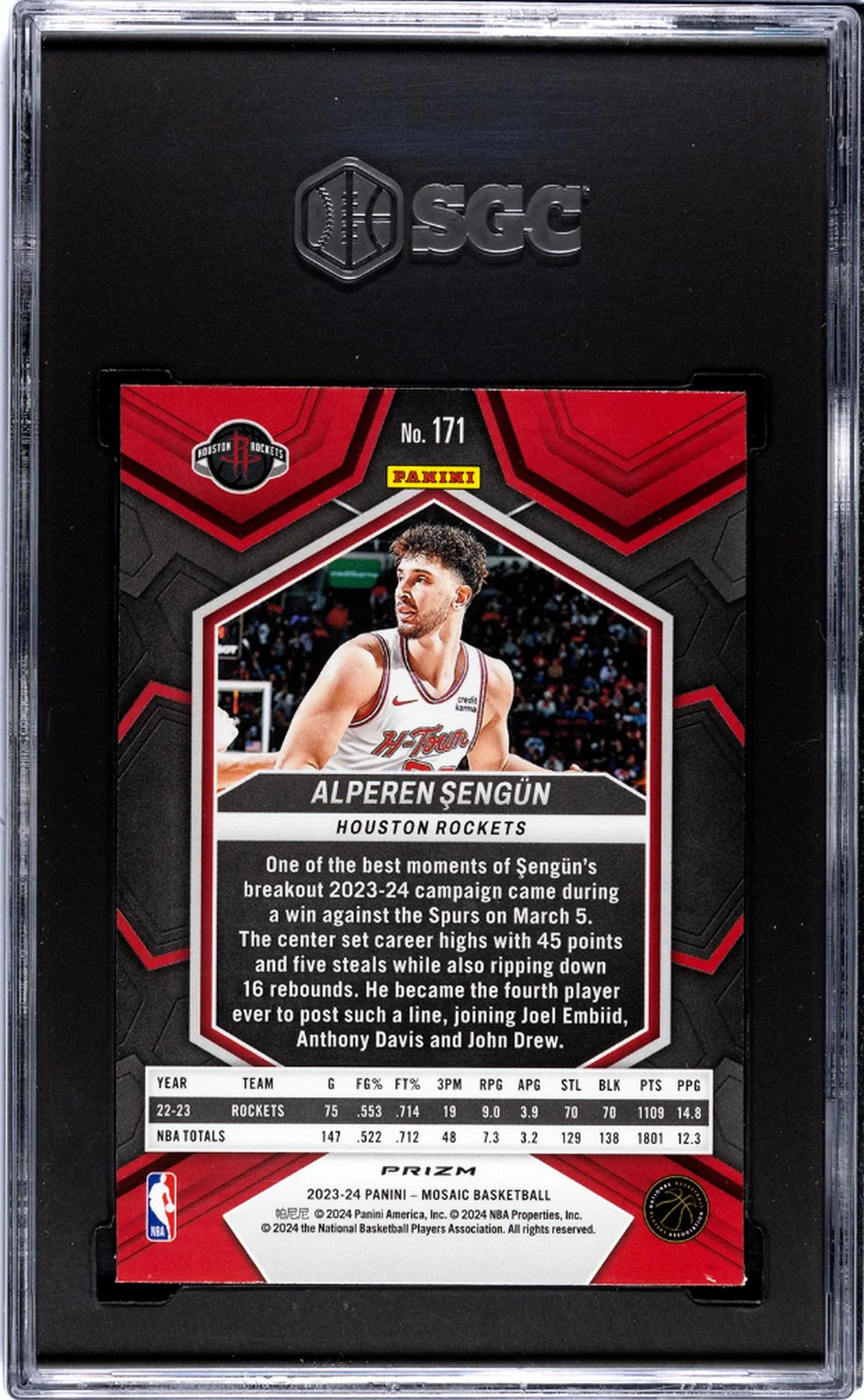 2023-24 Panini Mosaic #171 Alperen Sengun Blue Reactive Prizm SGC 10 - Image 2