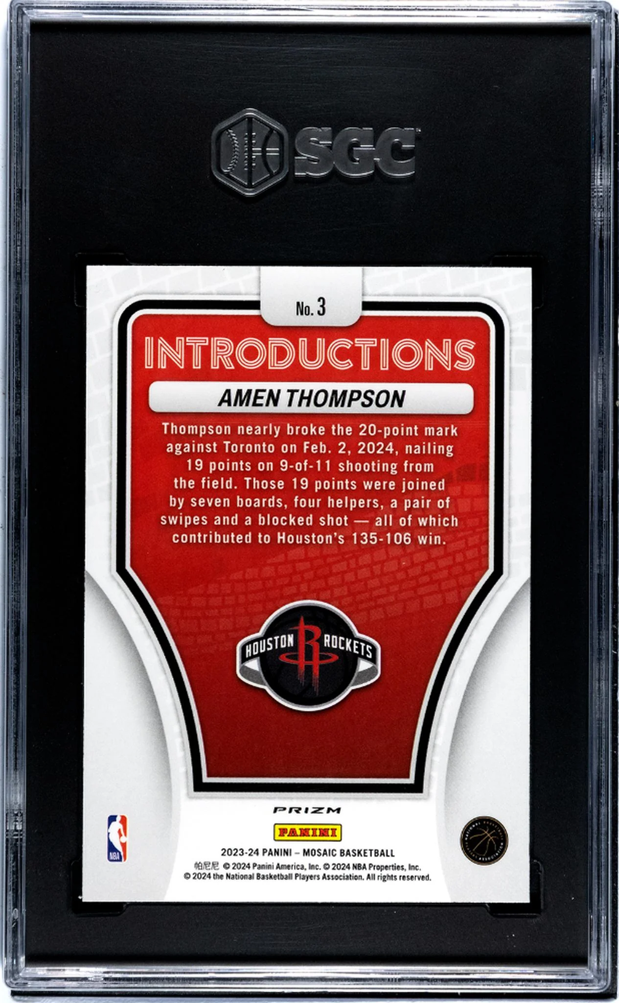 2023-24 Panini Mosaic #3 Amen Thompson Introductions Mosaic Prizm SGC 9 - Image 2