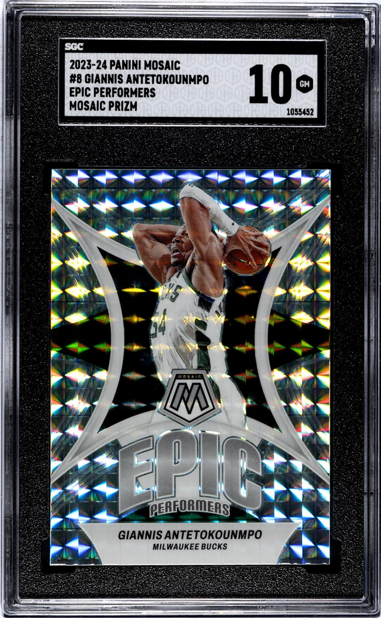 2023-24 Panini Mosaic #8 Giannis Antetokounmpo Epic Performers Mosaic Prizm SGC 10