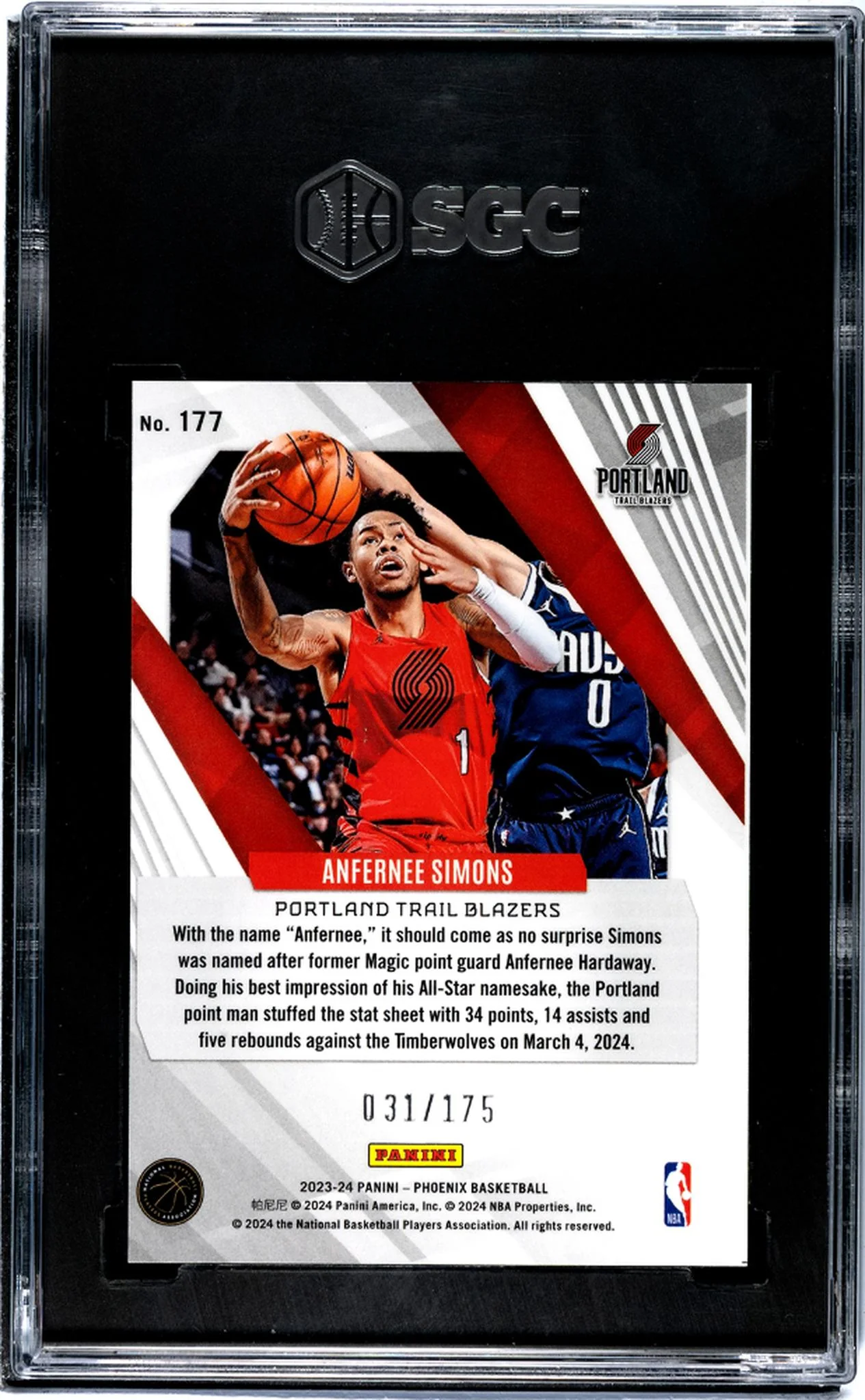 2023-24 Panini Phoenix Pink Anfernee Simons #177 /175 SGC 7 - Image 2