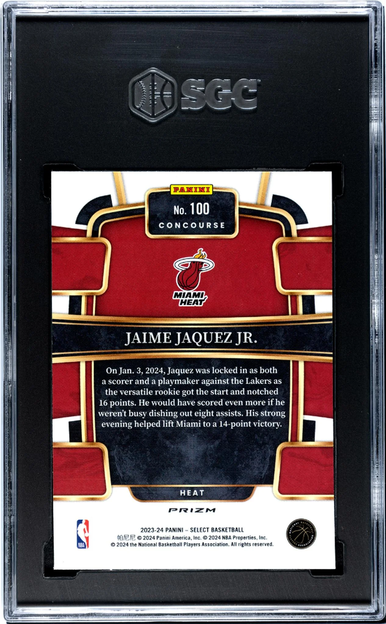 2023-24 Panini Select Orange Flash Prizm Jaime Jaquez Jr. #100 SGC 9.5 - Image 2
