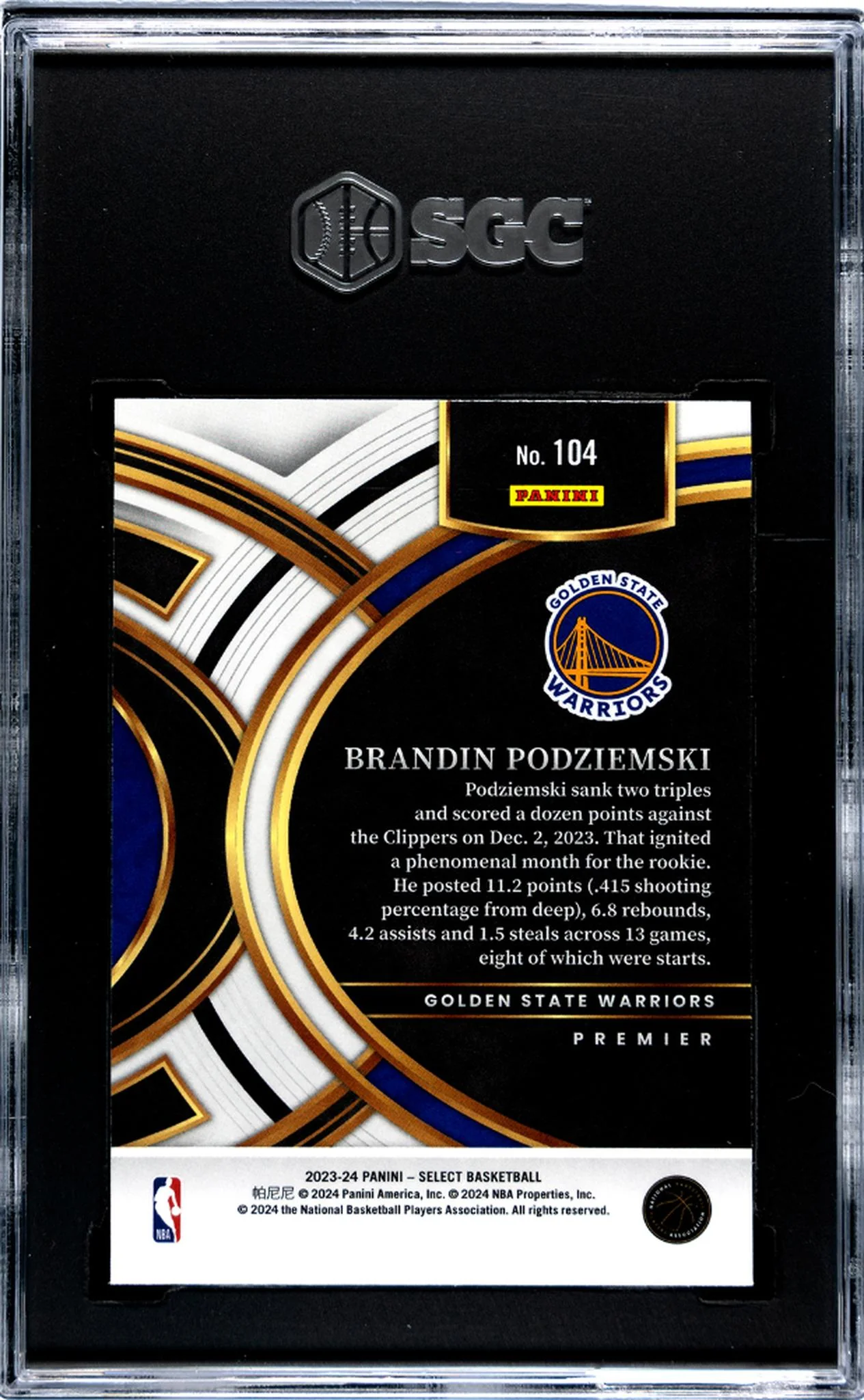 2023-24 Panini Select Blue Retail Brandin Podziemski #104 RC SGC 10 - Image 2