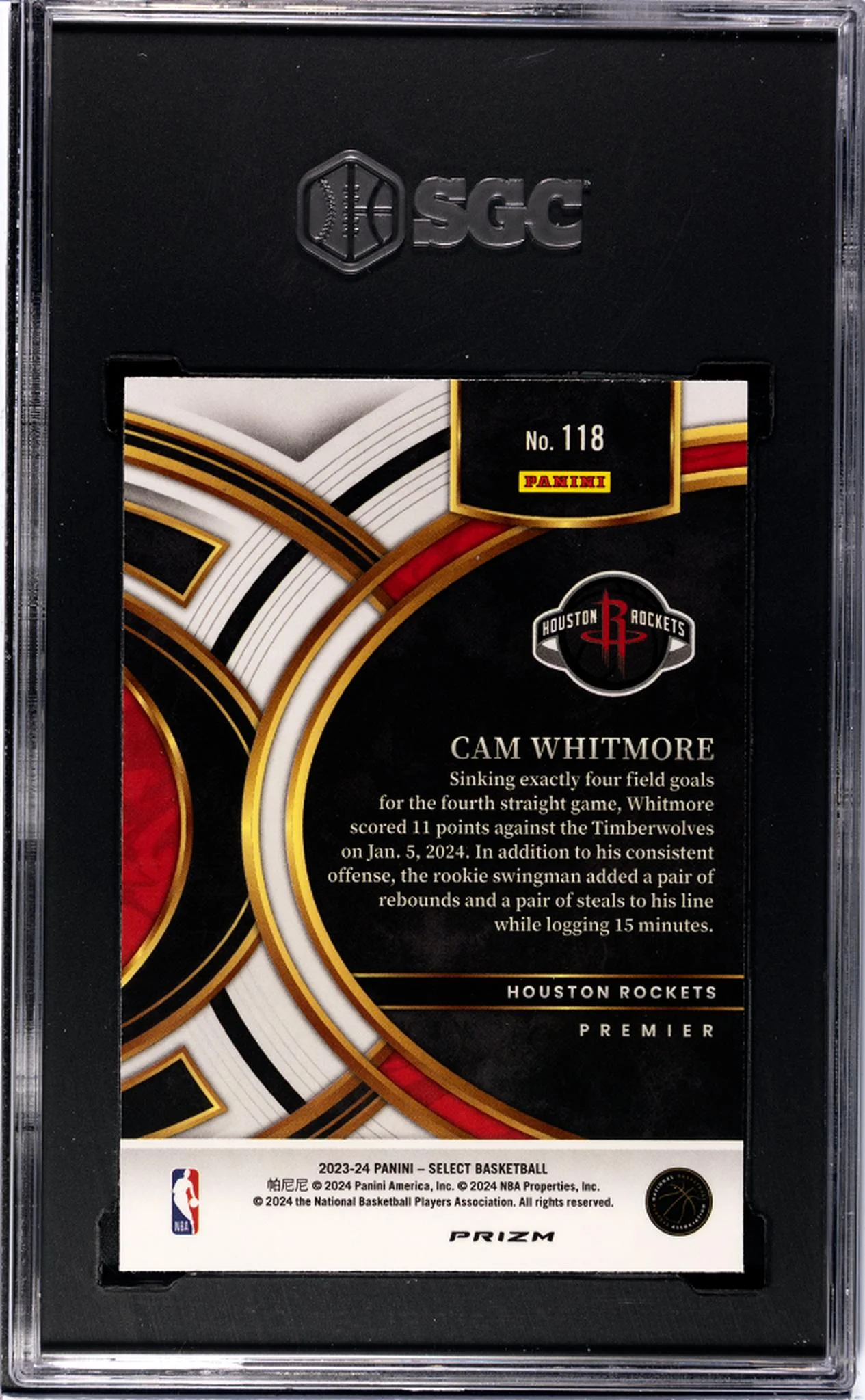 2023 Panini Select Tri-Color Prizm Cam Whitmore #118 SGC 9.5 - Image 2