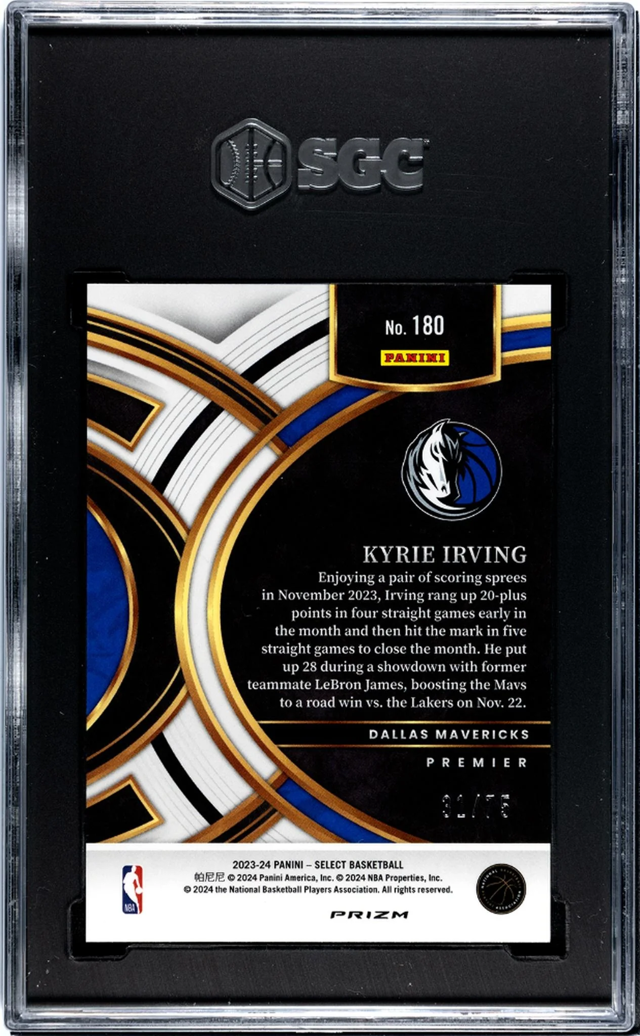 2023-24 Panini Select White Disco Prizm Kyrie Irving #180 /75 SGC 10 - Image 2