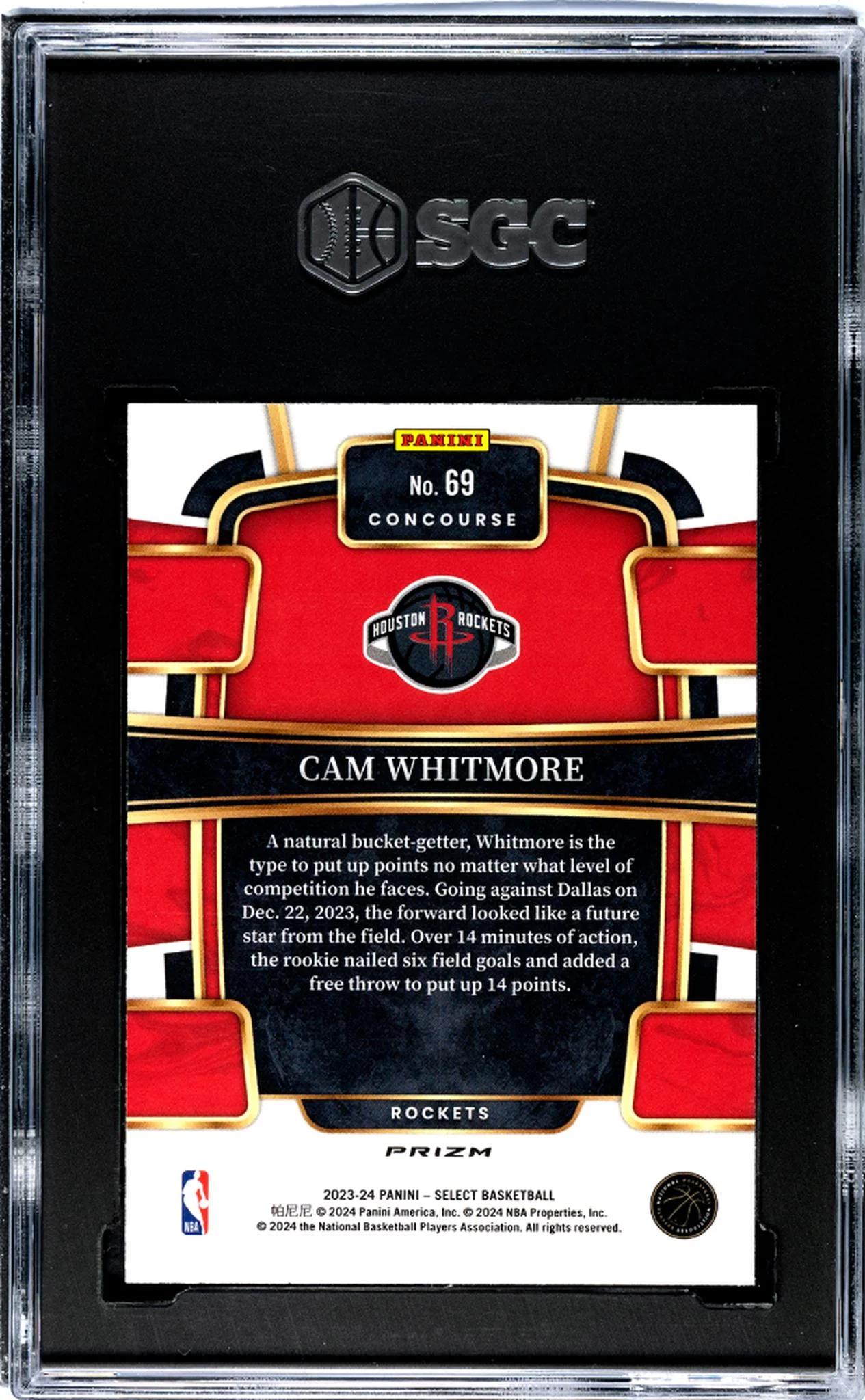 2023-24 Panini Select Blue Cracked Ice Cam Whitmore #69 RC SGC 10 - Image 2